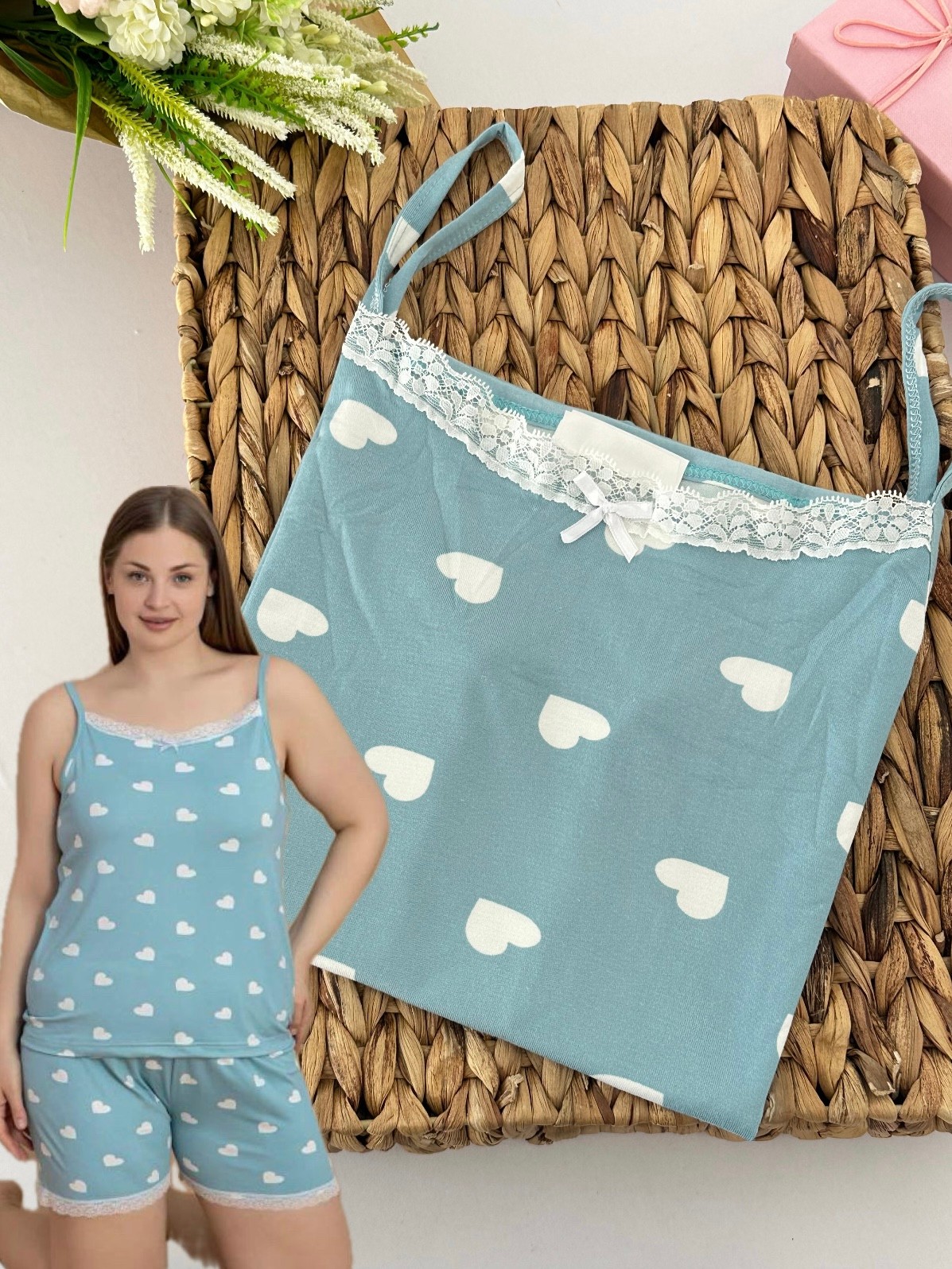 Mavi Kalp Desenli Kadın Pijama Takımı