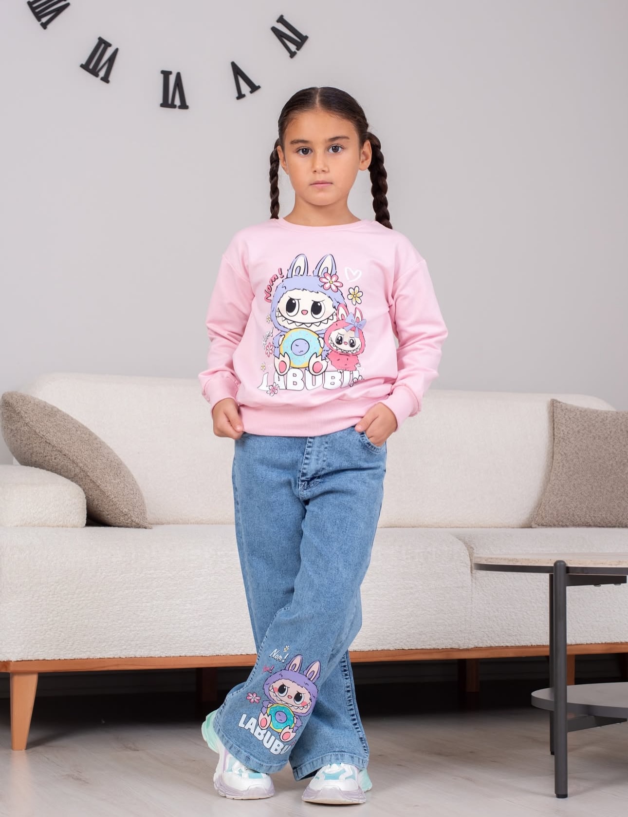 Kız Çocuk Pembe Labubu Kot Pantolon Sweat 2’li Takım 