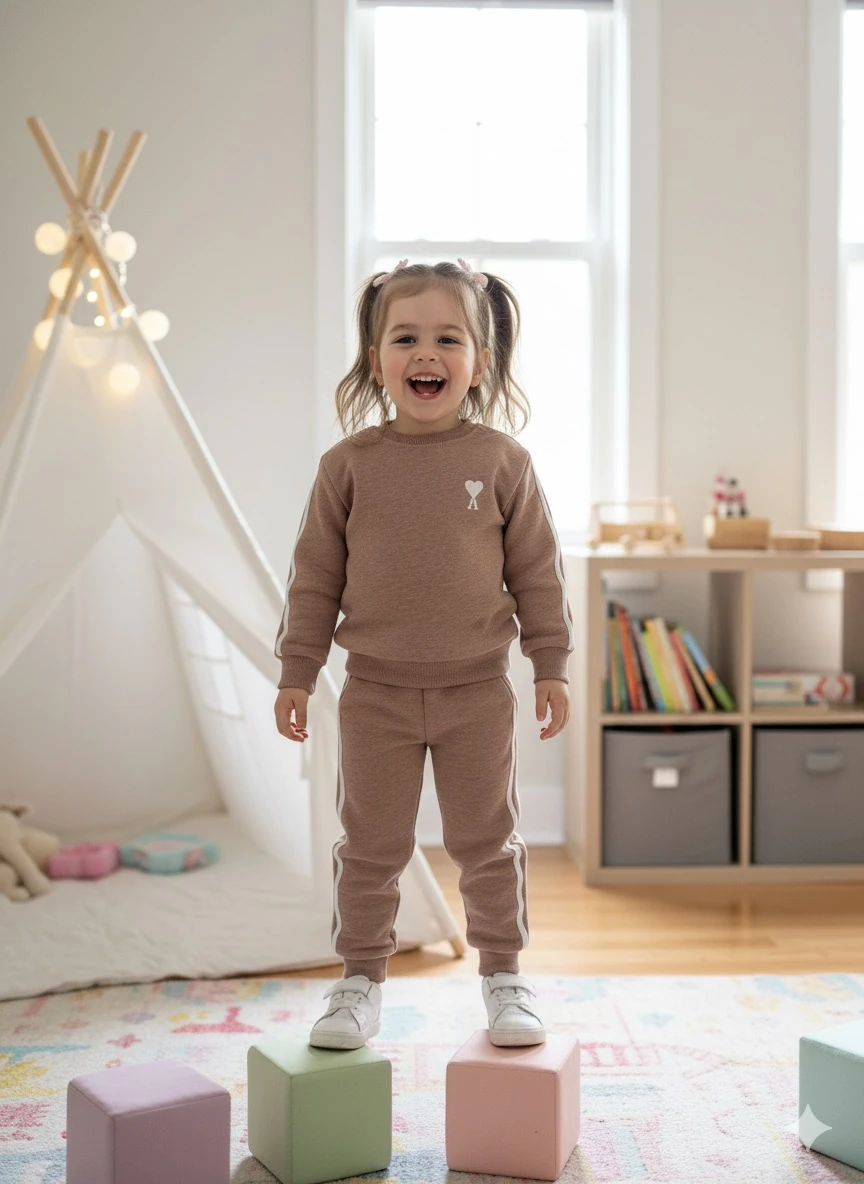 Kız Çocuk Kahve Kalp Nakışlı Alt-Üst Takım