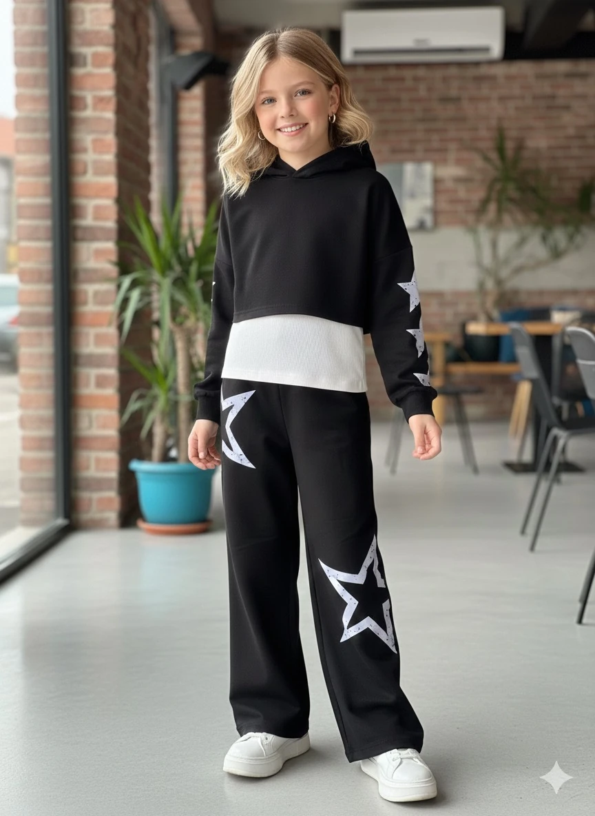 Kız Çocuk Siyah Yıldız Desenli Kapüşonlu 3'lü Takım
