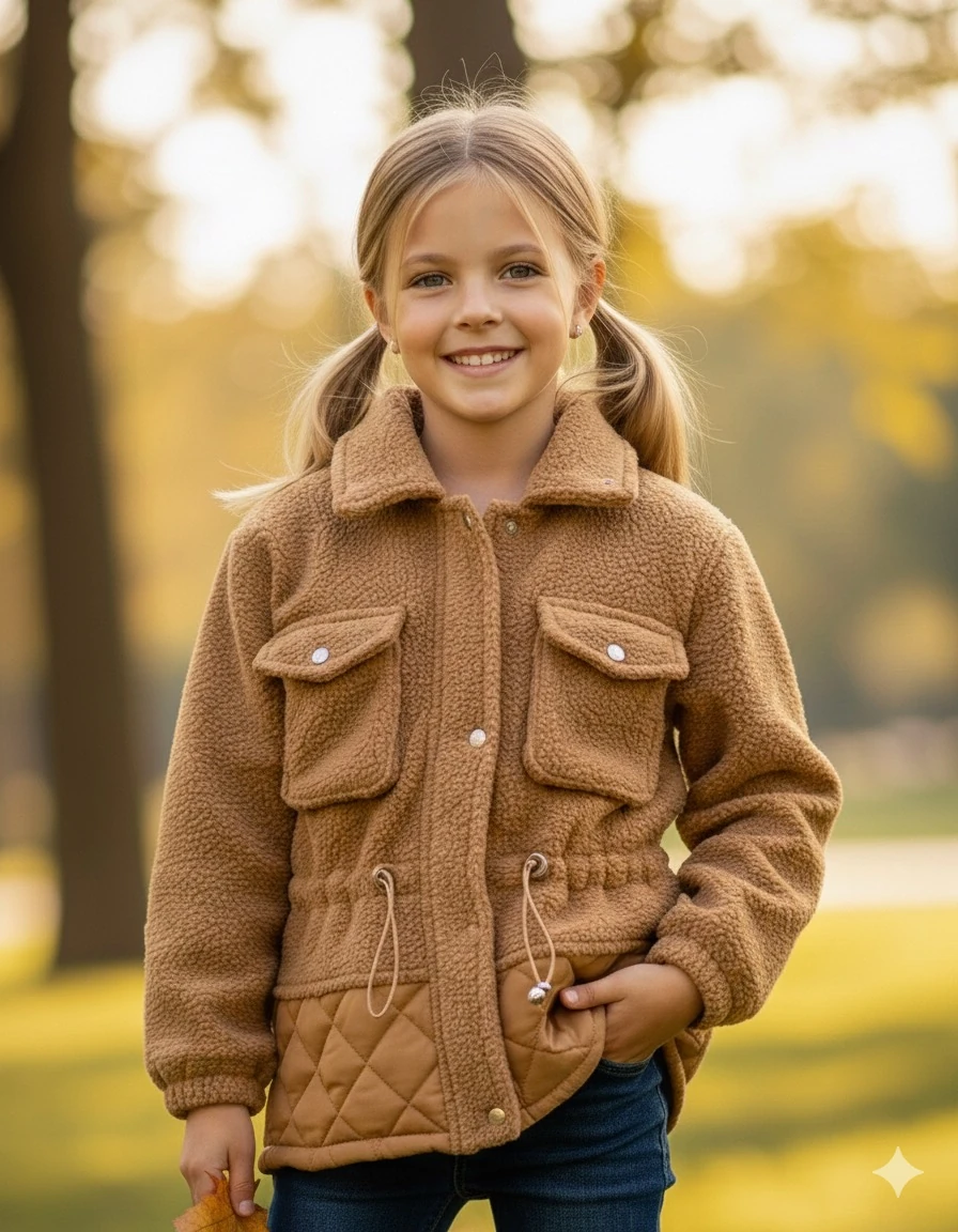 Kız Çocuk Kahverengi  Cep Detaylı Mont