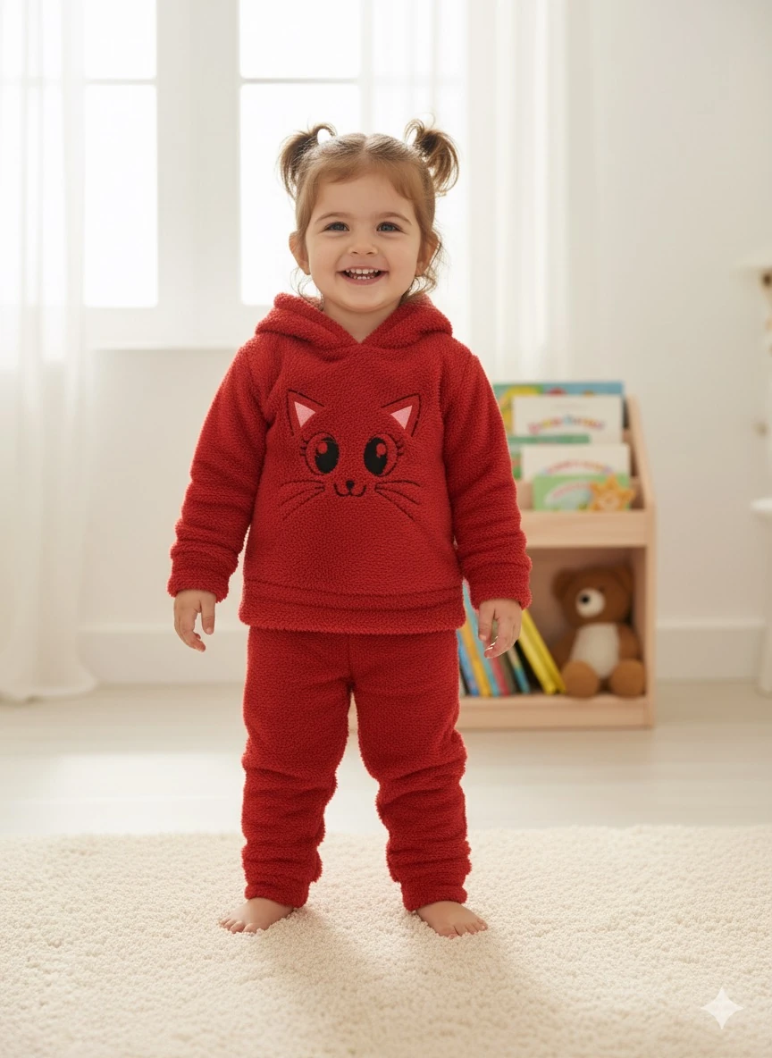 Kız Çocuk  Kırmızı  Kedili Peluş Takım