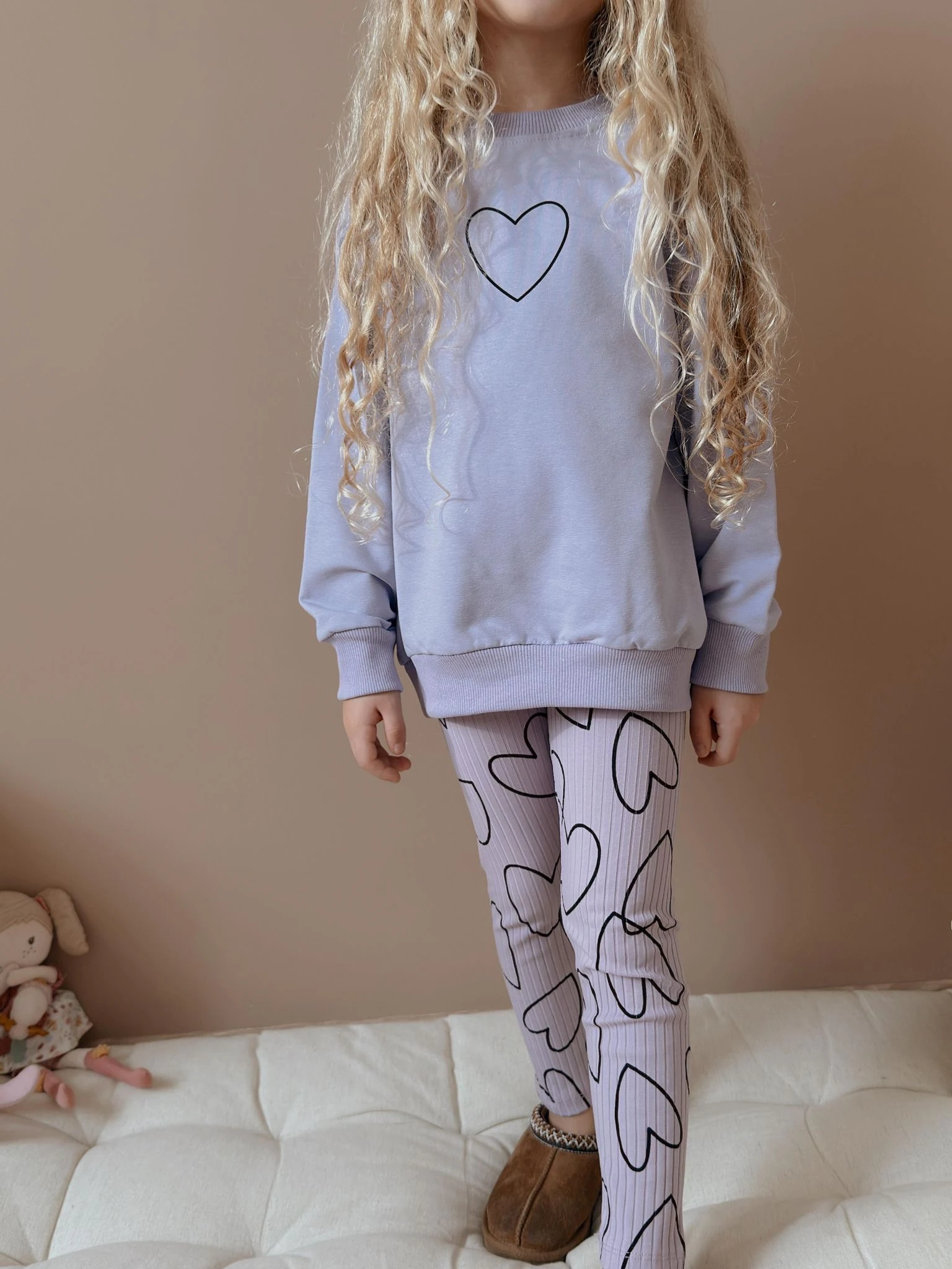 Kız Çocuk Mor Kalp Desenli Taytlı Takım