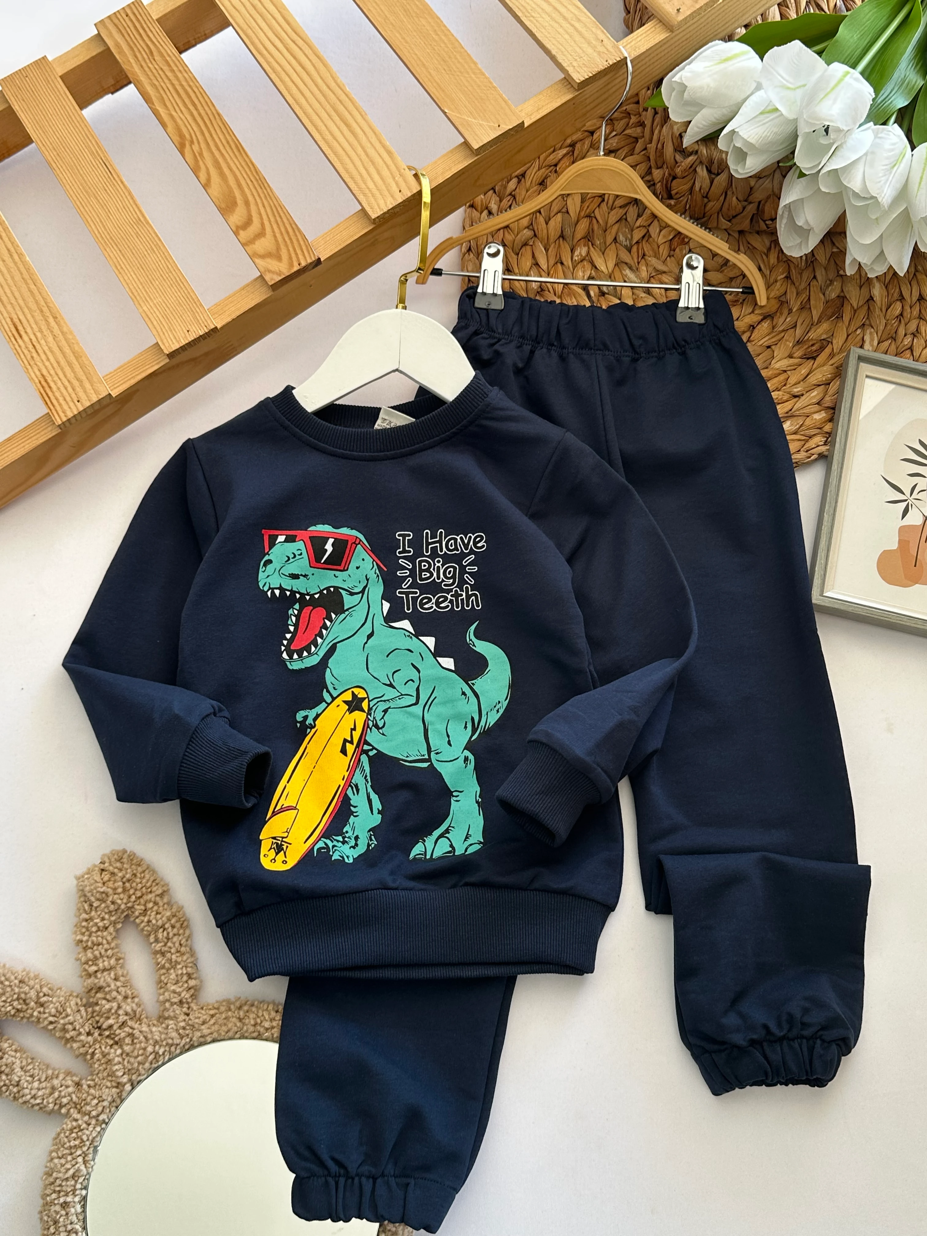 Erkek Çocuk Lacivert Dinozor Baskılı Takım 