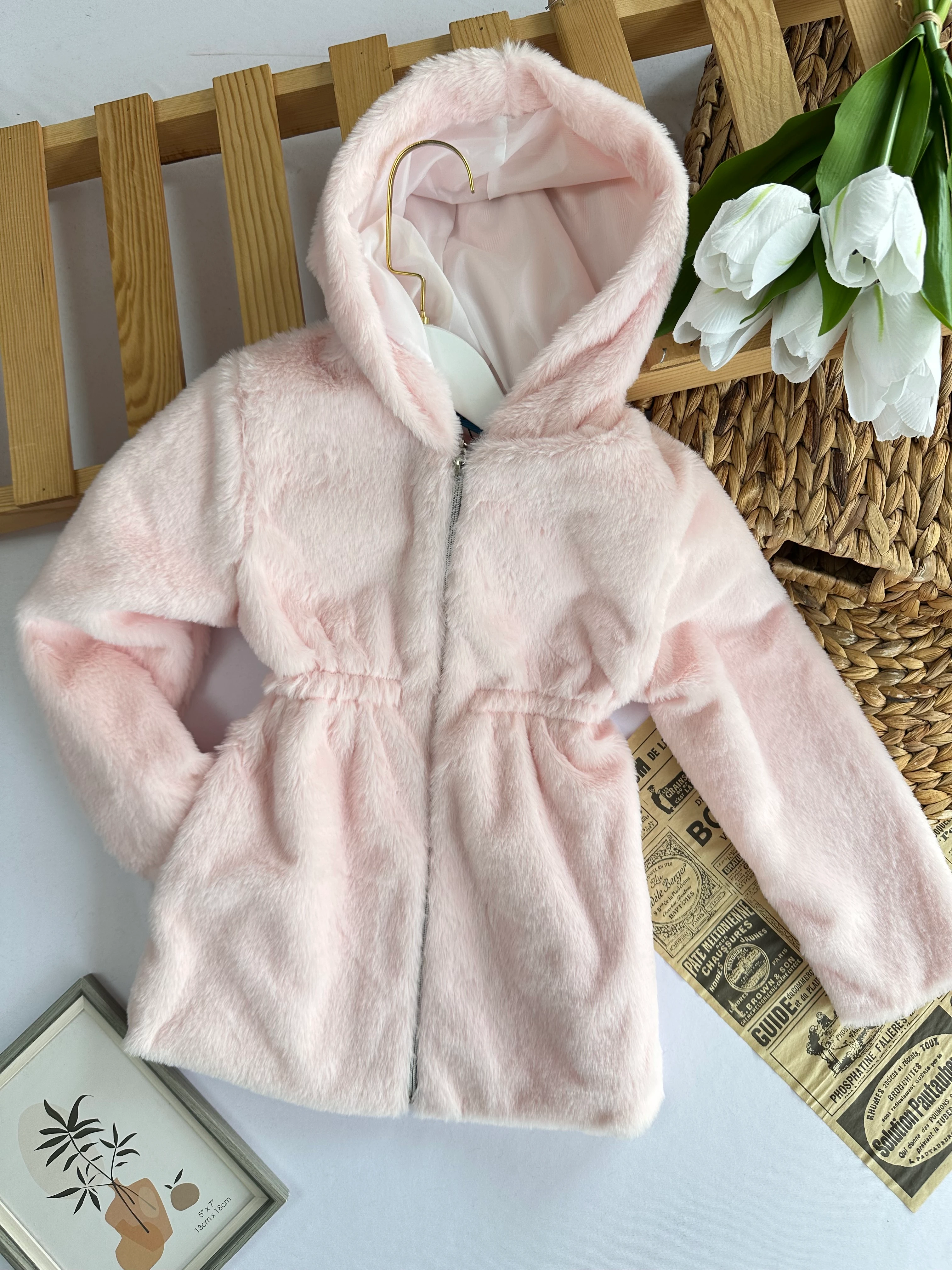 Kız Çocuk Toz Pembe Peluş Kürk Mont