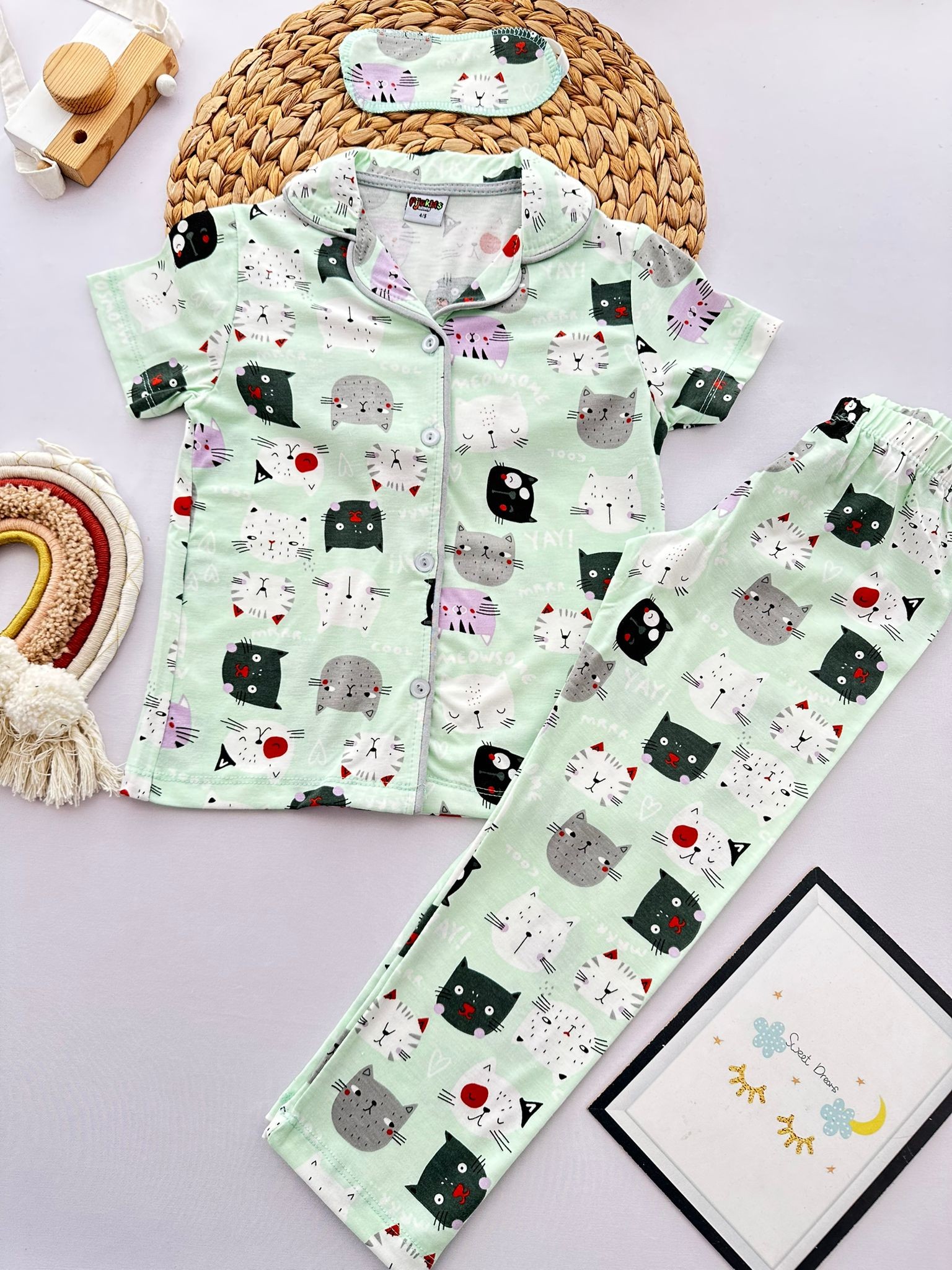 Kız Çocuk Kedi Desenli 3'Lü Pijama Takım
