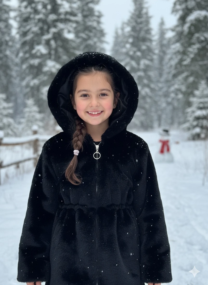Kız Çocuk Siyah Peluş Kürk Mont