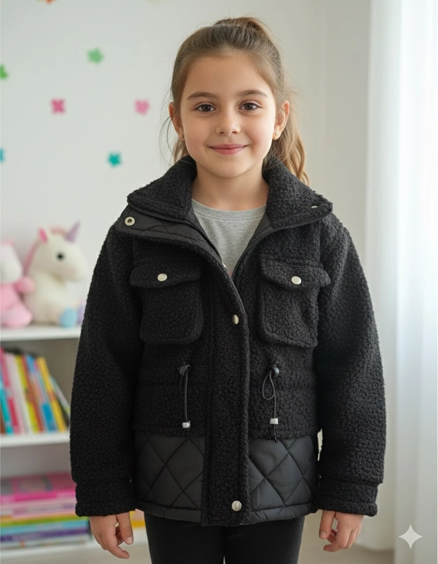 Kız Çocuk Siyah Cep Detaylı Mont
