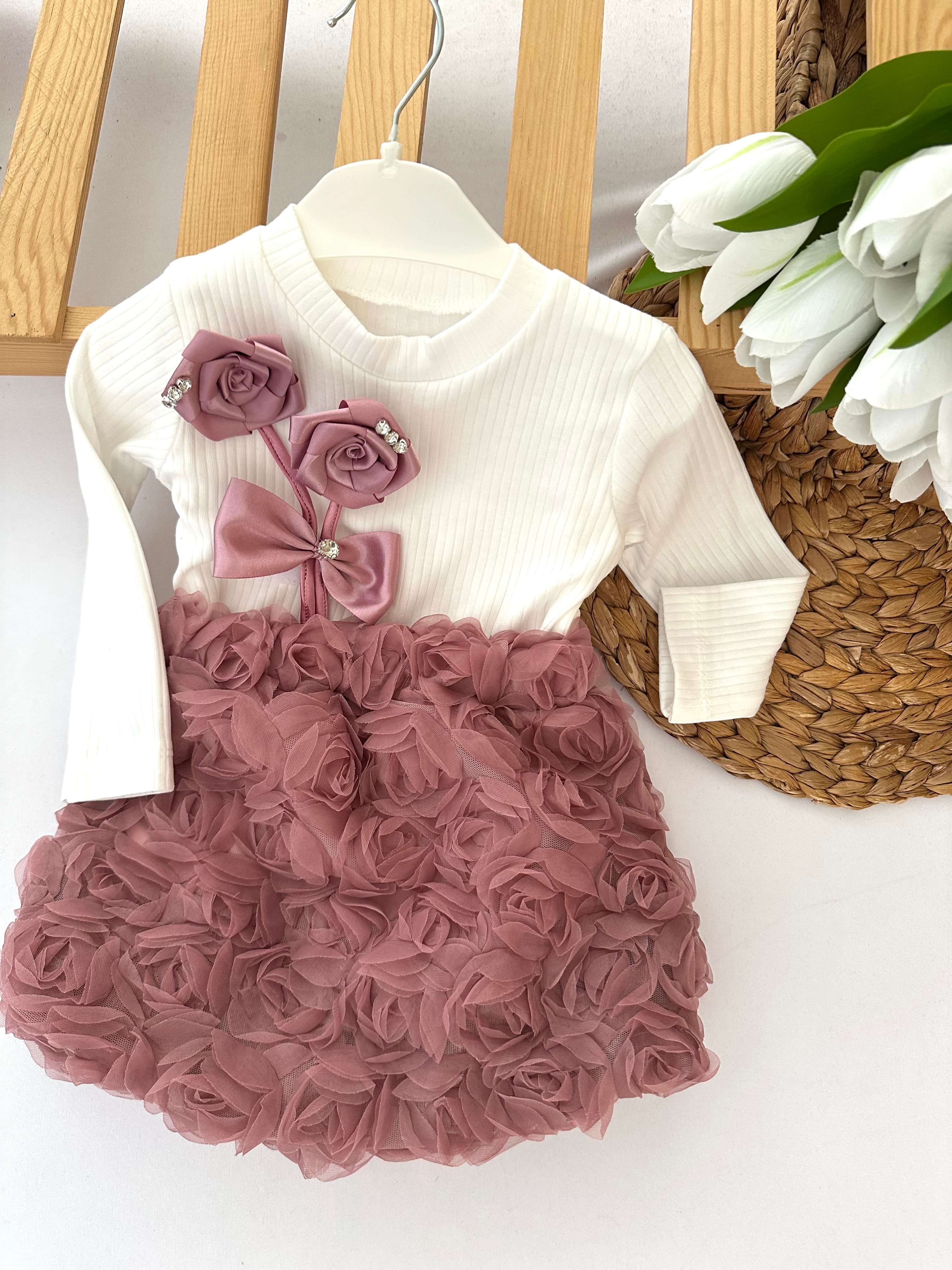 Kız Çocuk  Mürdüm Çiçek İşlemeli Kabarık Etekli Takım