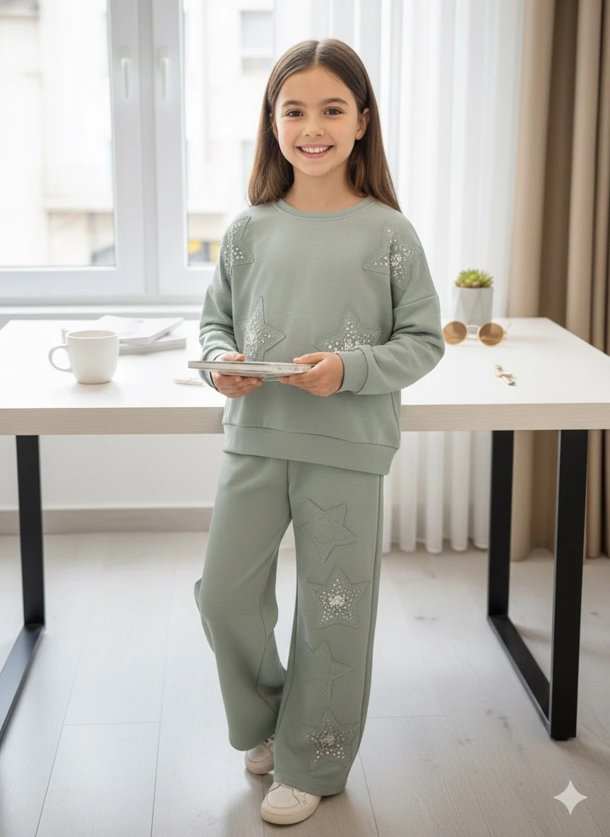 Kız Çocuk Yeşil Oysho Kumaş Yıldızlı Takım