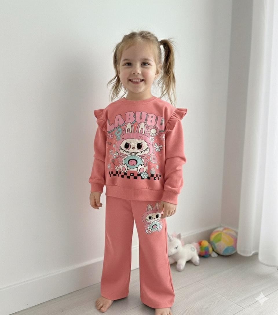 Kız Çocuk Somon  Labubu Baskılı 2’li Takım