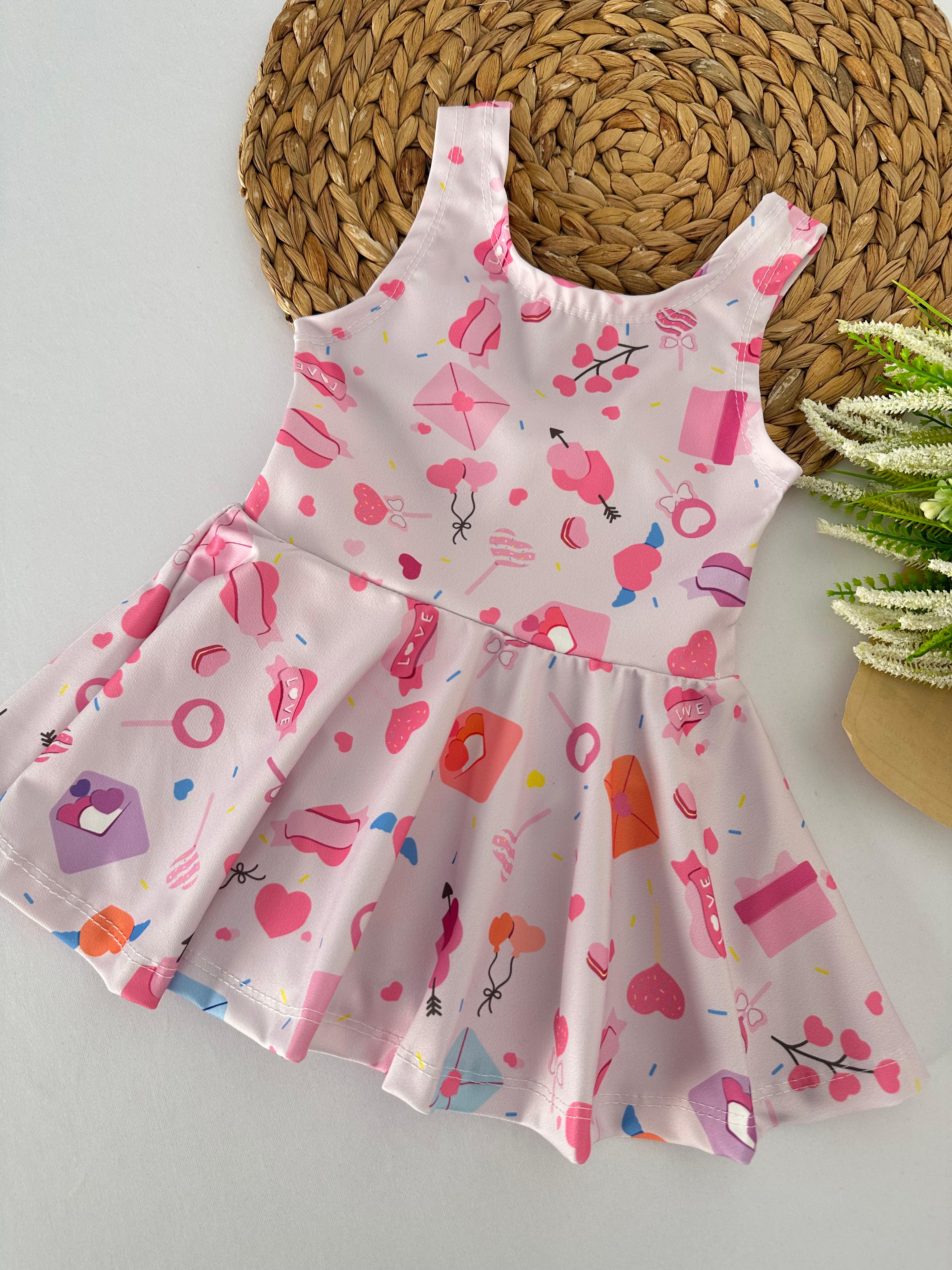 Kız Çocuk Pembe Pileli Etekli Kalp Desenli Mayo