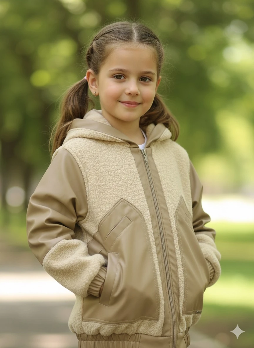 Kız Çocuk Bej Deri Detaylı Fermuarlı Ceket