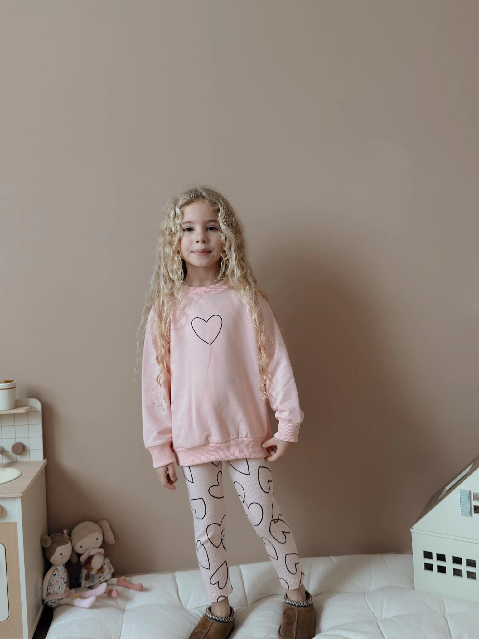 Kız Çocuk Pembe Kalp Desenli Taytlı Takım