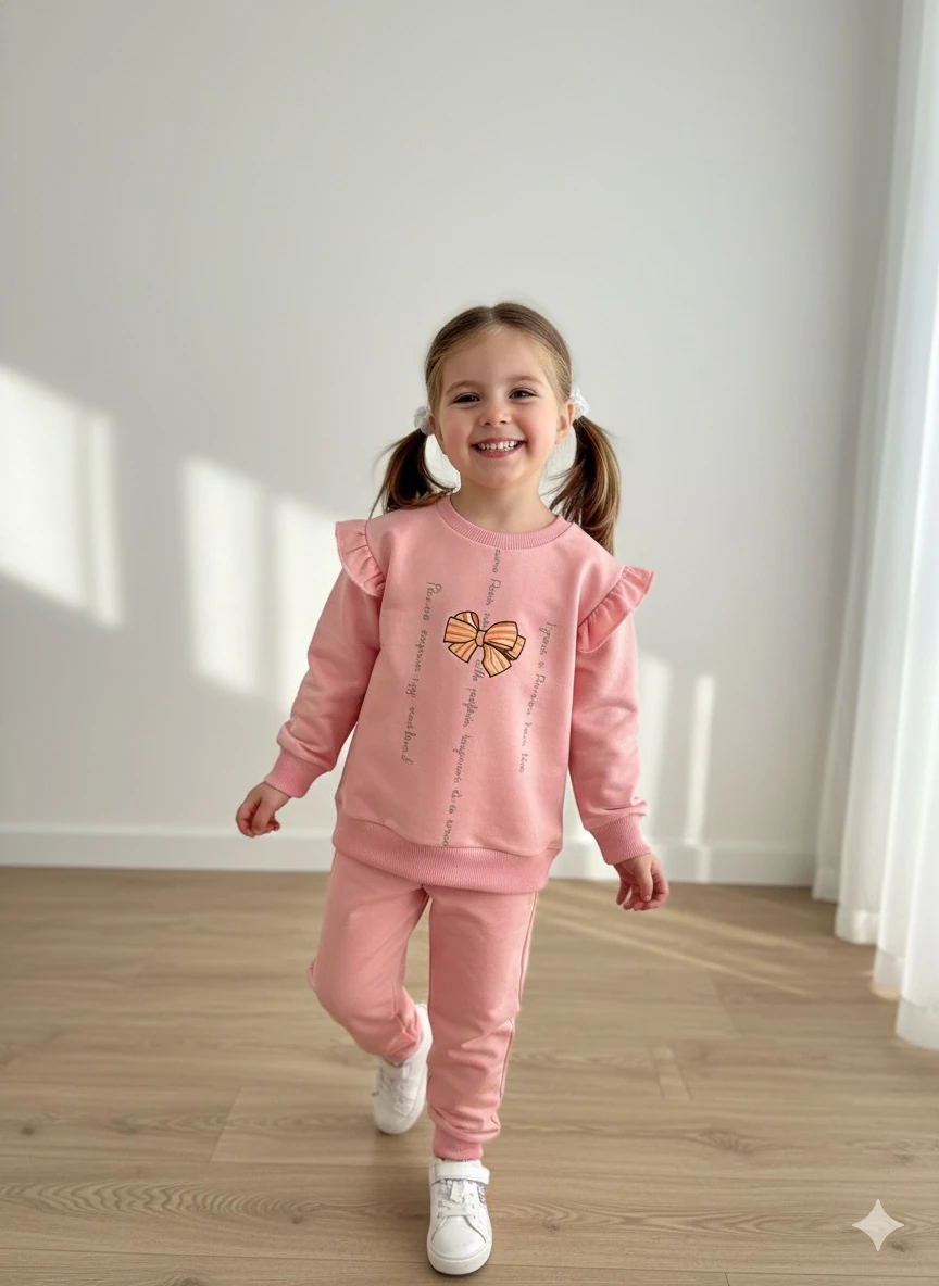 Kız Çocuk Pembe Kurdele Detaylı Takım