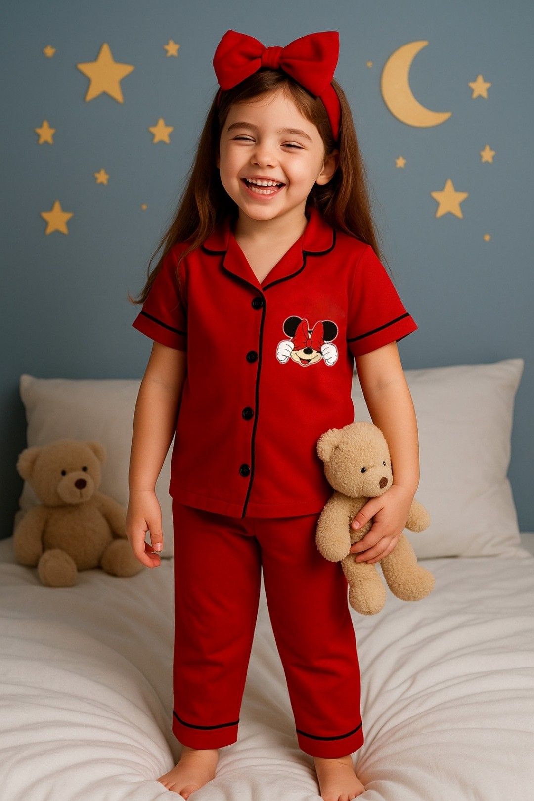 Kız Çocuk Kırmızı Mickey Mouse Pamuklu Pijama Takımı