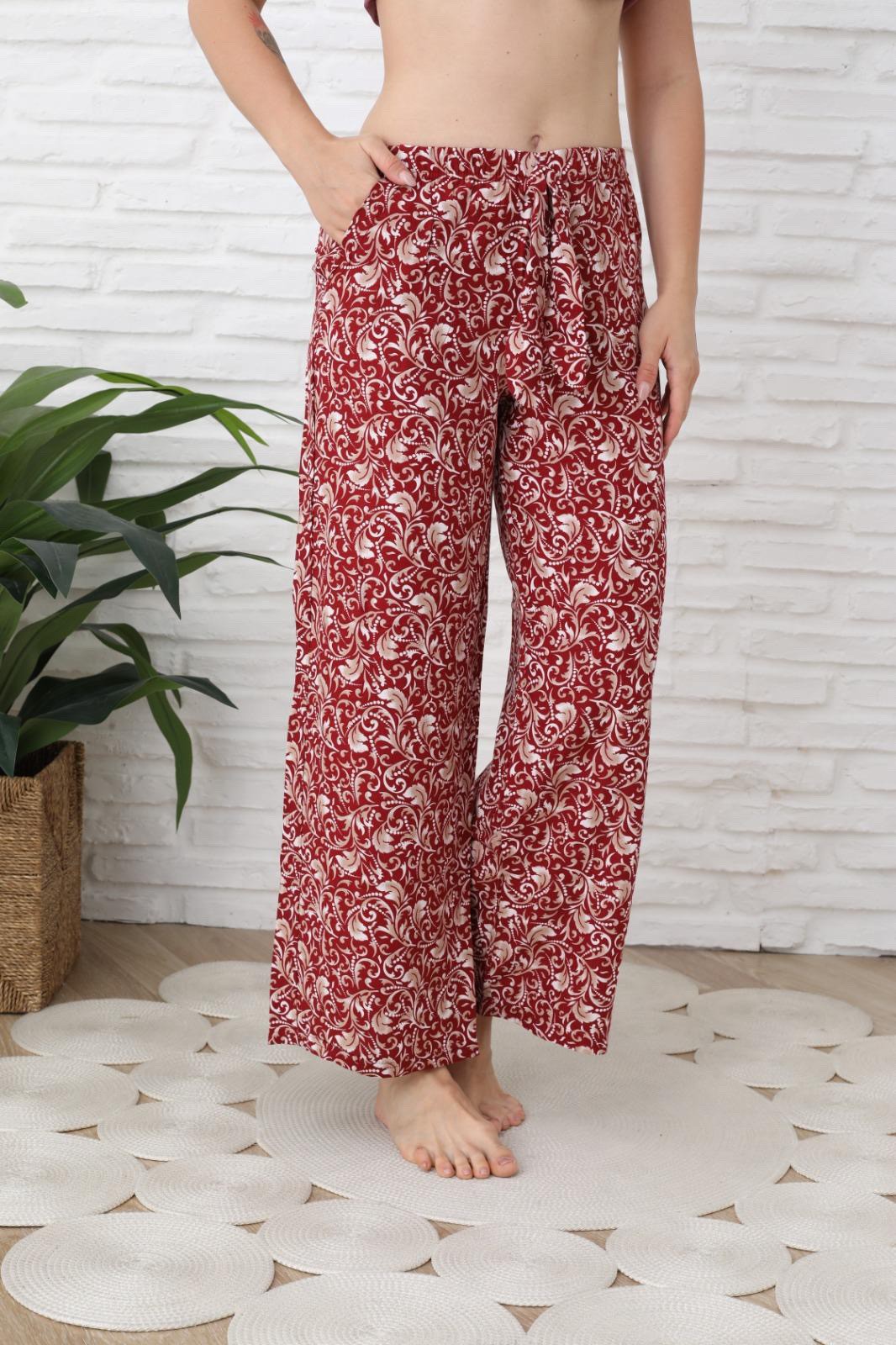 Bordo Desenli Cepli Tek Alt Pantolon