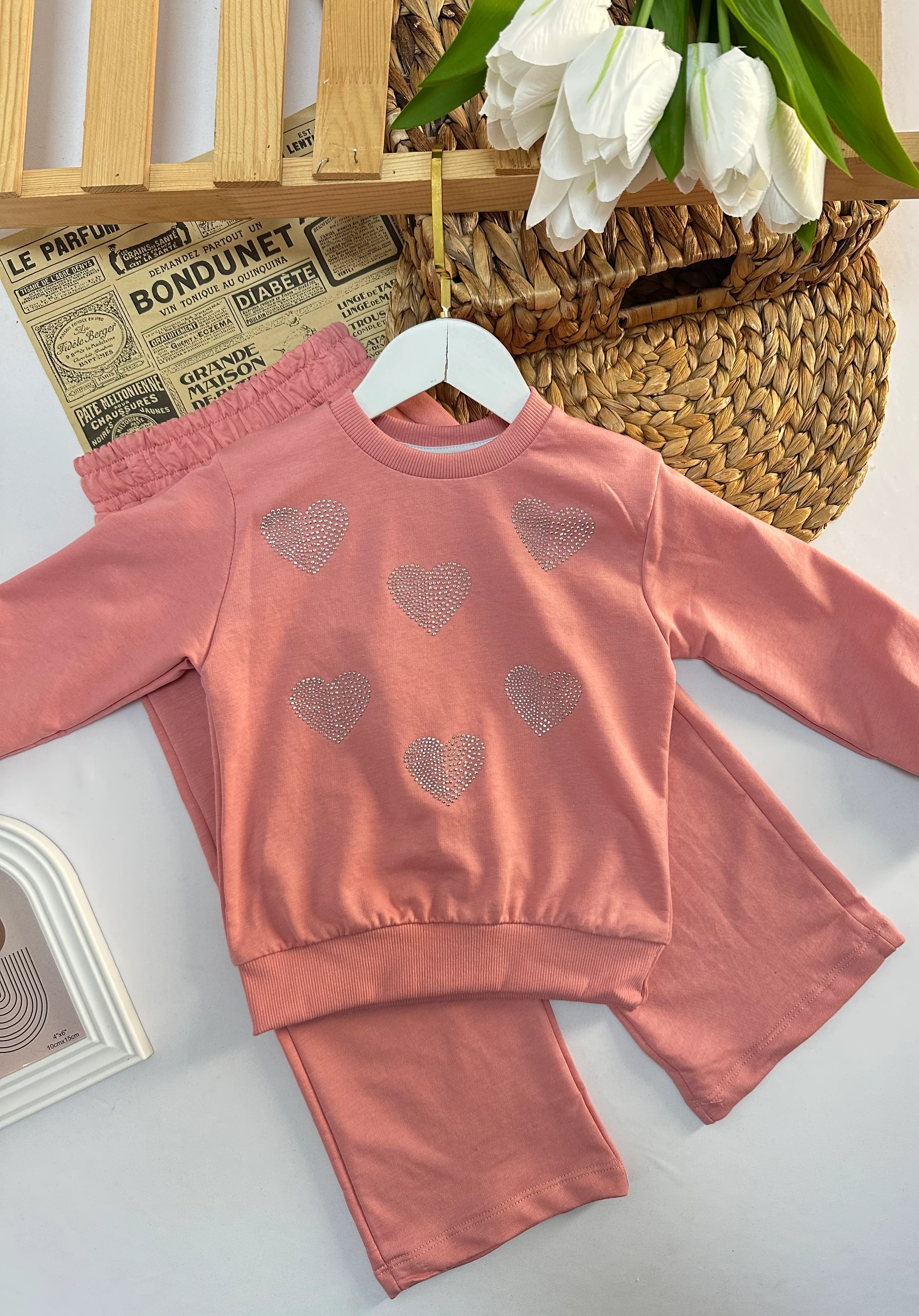 Kız Çocuk Pembe Taşlı Kalp Desenli Takım