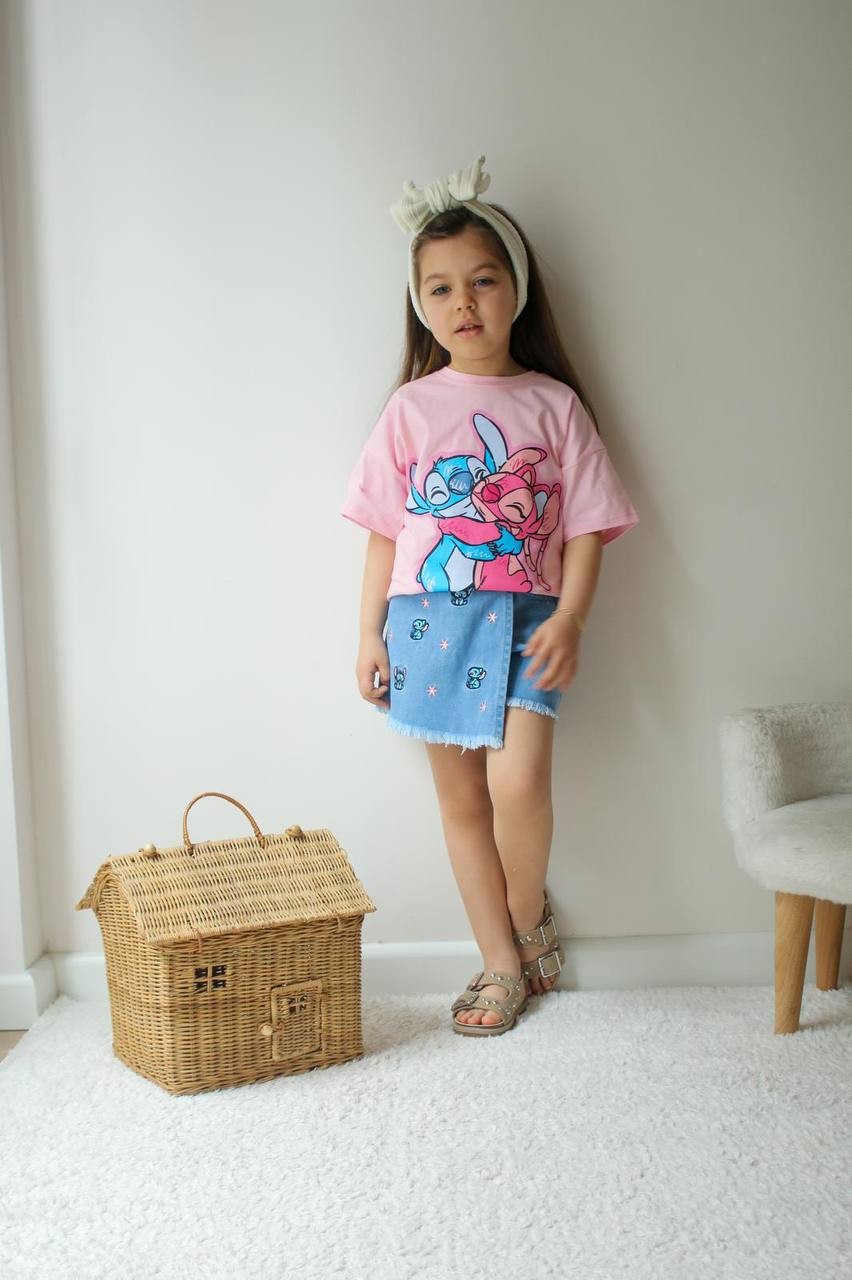 Kız Çocuk Pembe Stitch Kot Şort Etek Takım