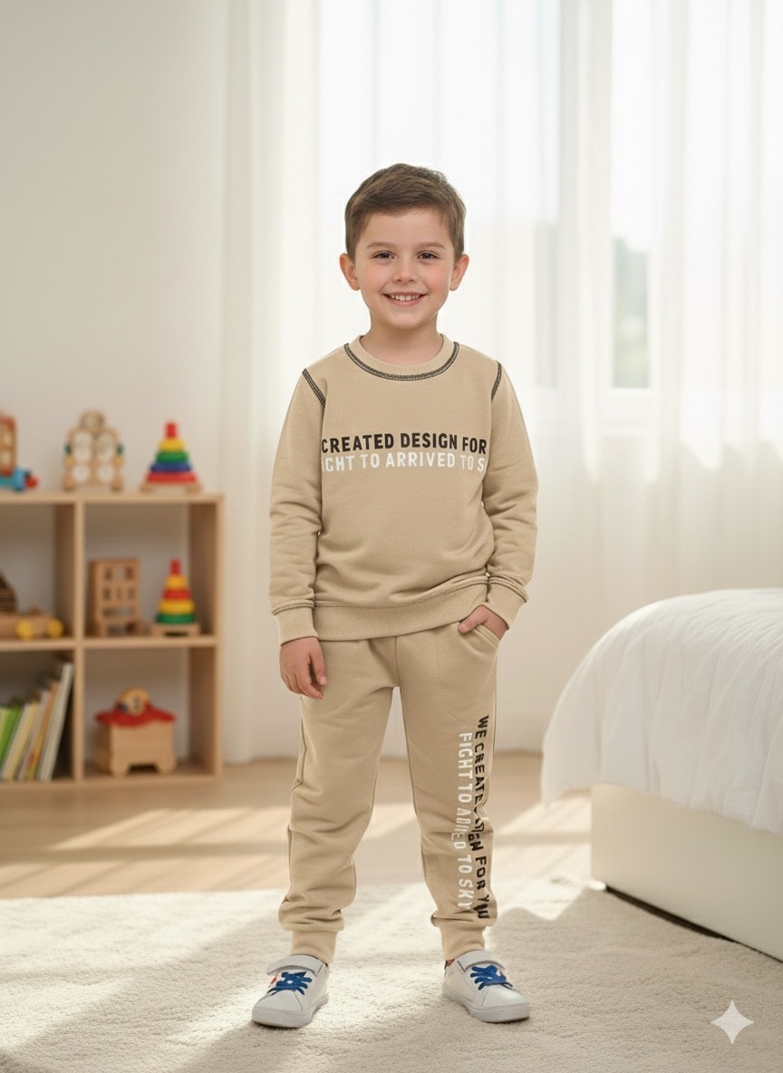 Erkek Çocuk Bej Yazı Desenli Alt-Üst Takım