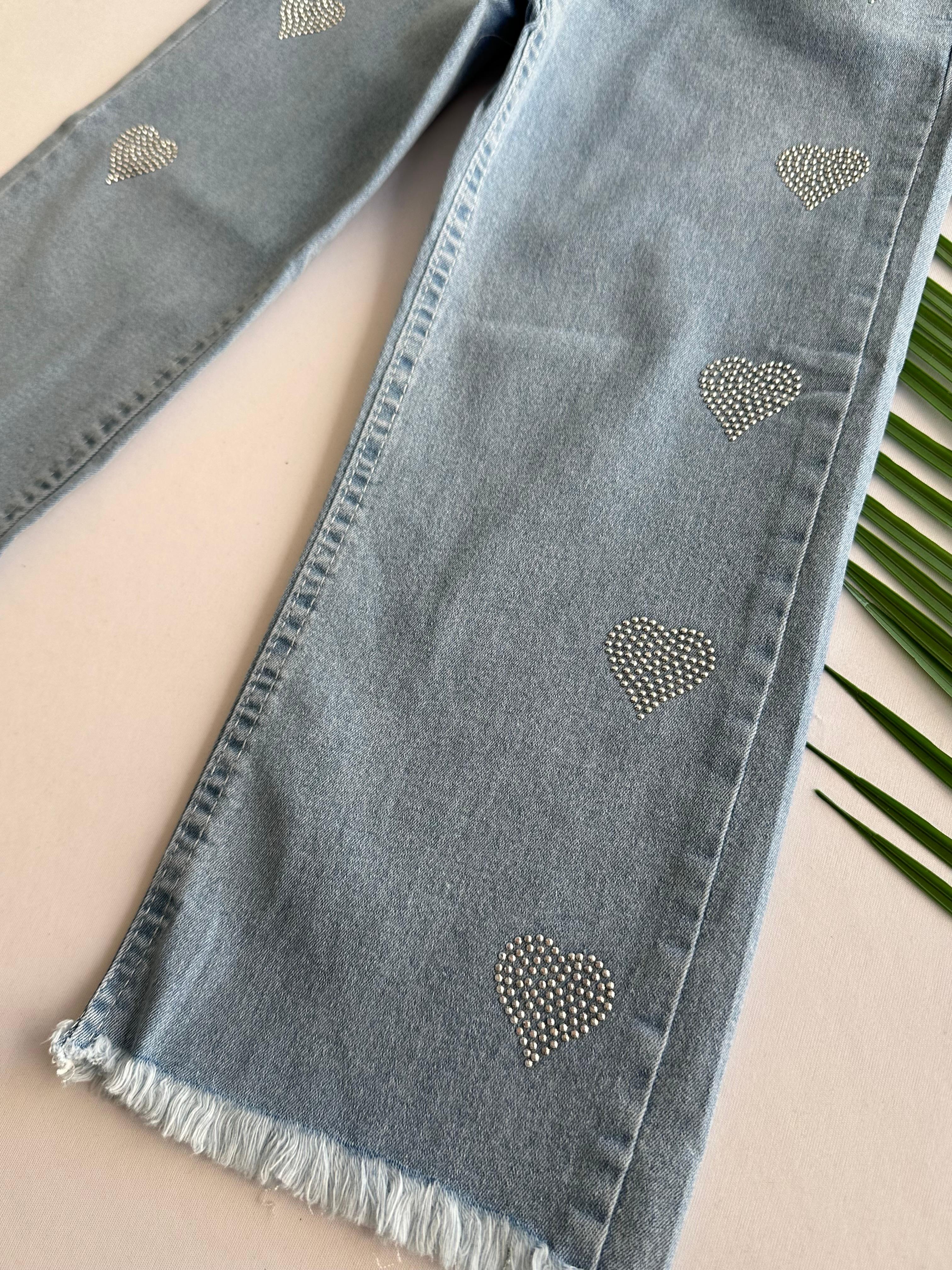 Kız Çocuk Mavi Kalp Desenli Taşlı Kot Pantolon