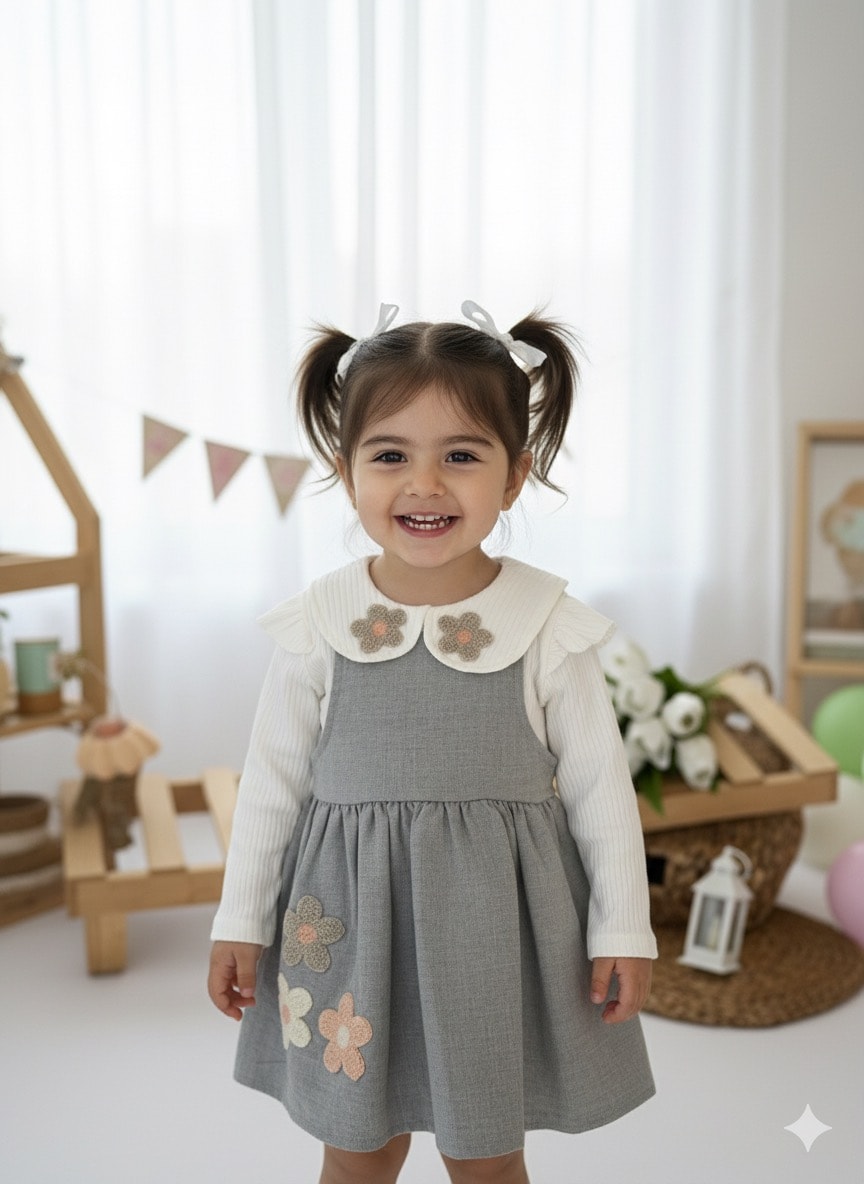 Kız Çocuk Gri Çiçek Desenli Salopet Elbise