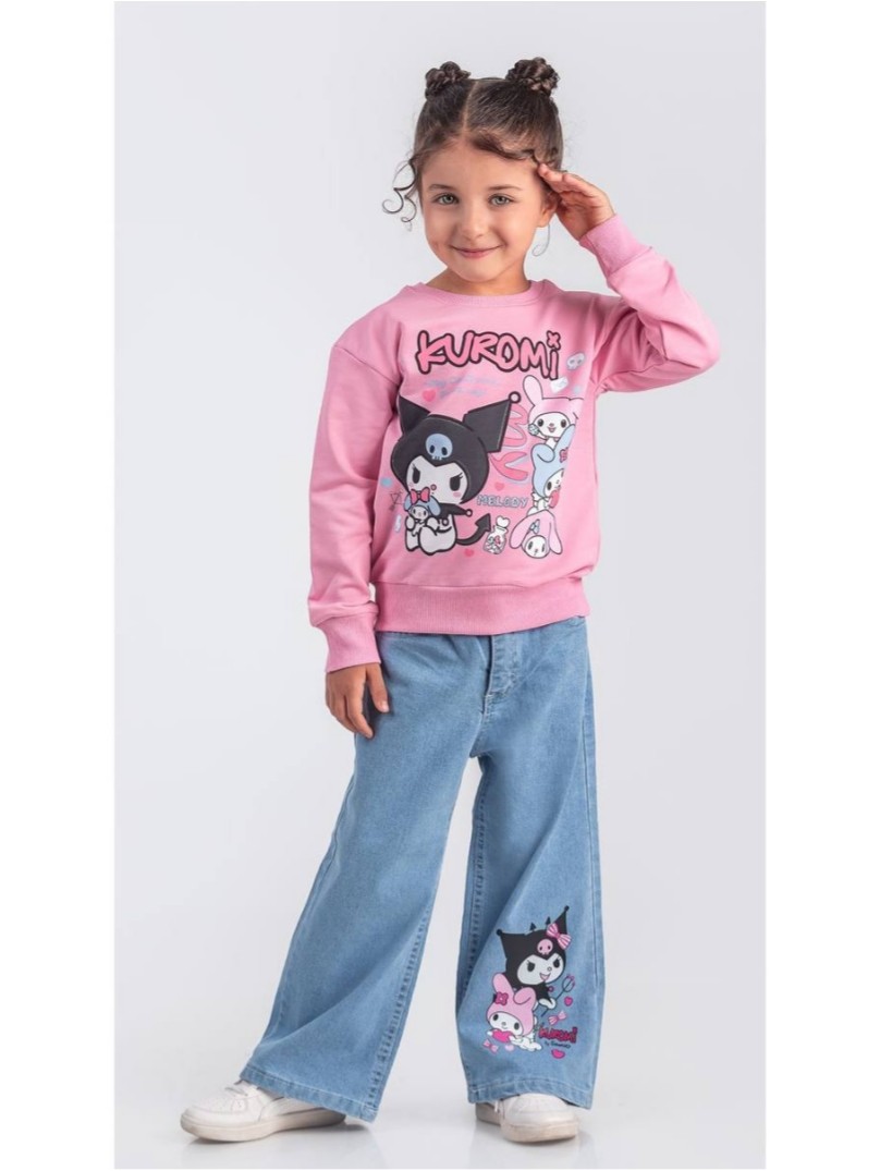 Kız Çocuk Pembe Kuromi My Melody Kot Pantolon Sweat Takım