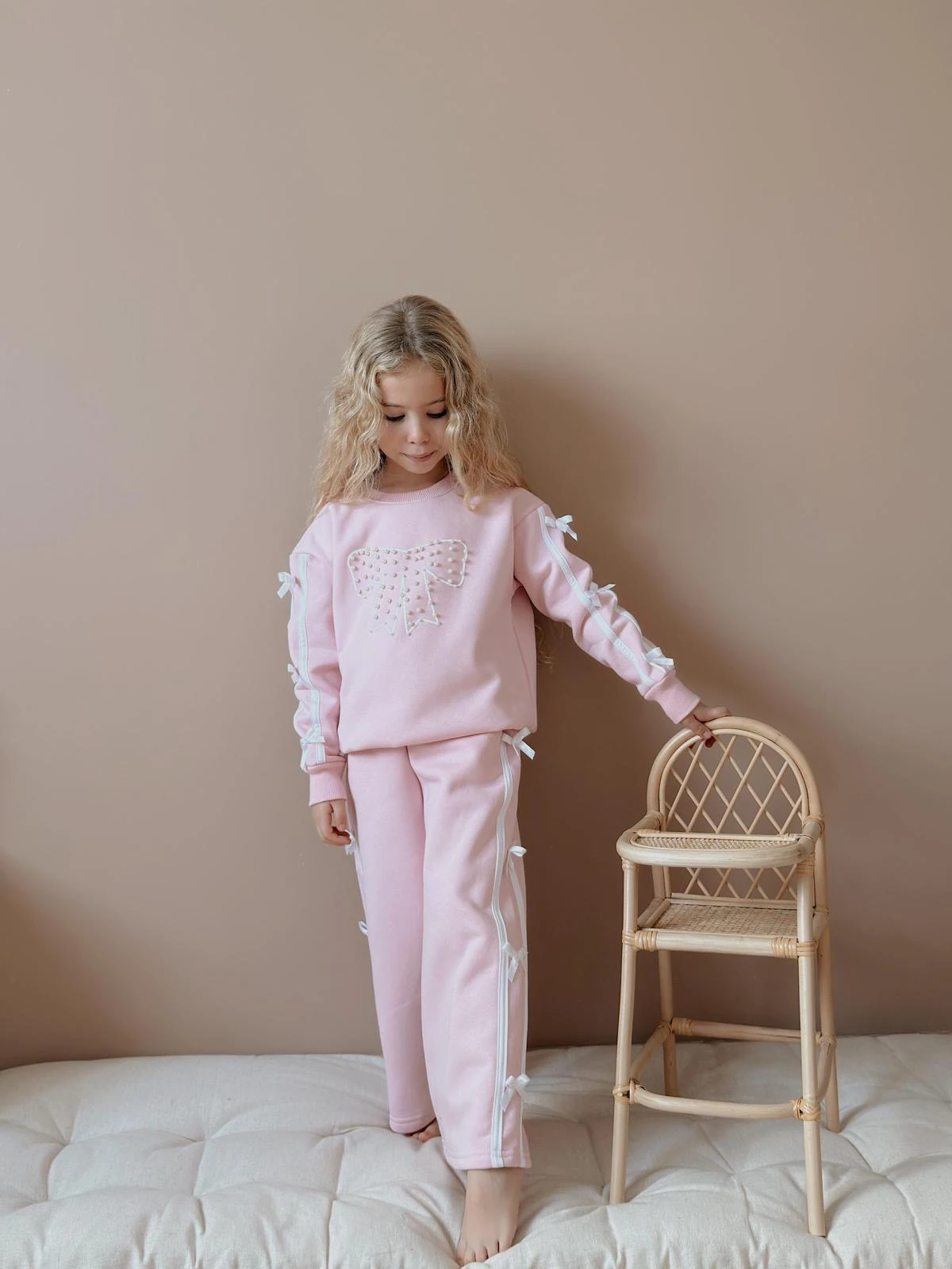Kız Çocuk Pembe İnci Fiyonklu 2’li Takım