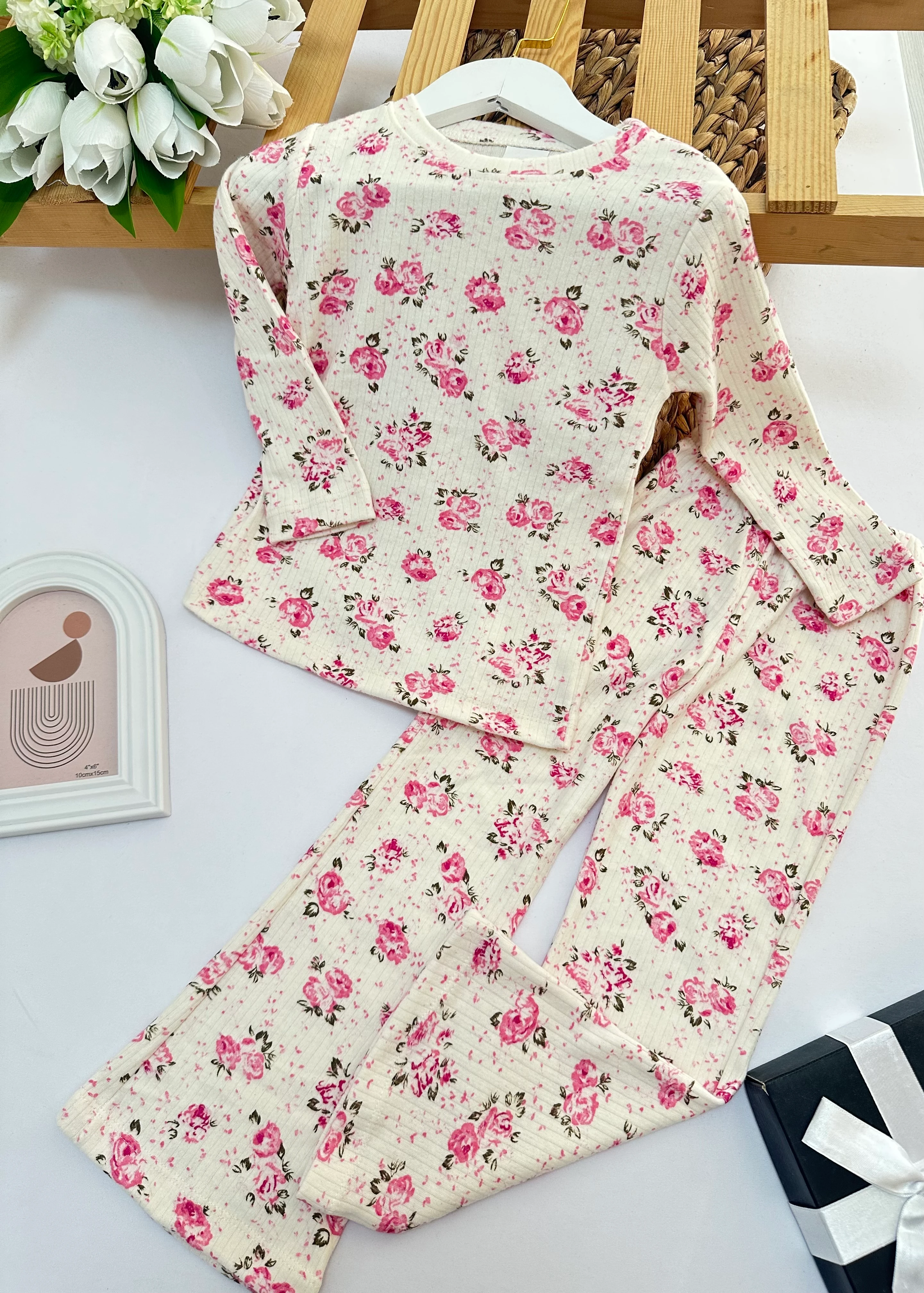 Kız Çocuk Fuşya Gül  Desenli Alt-Üst Takım