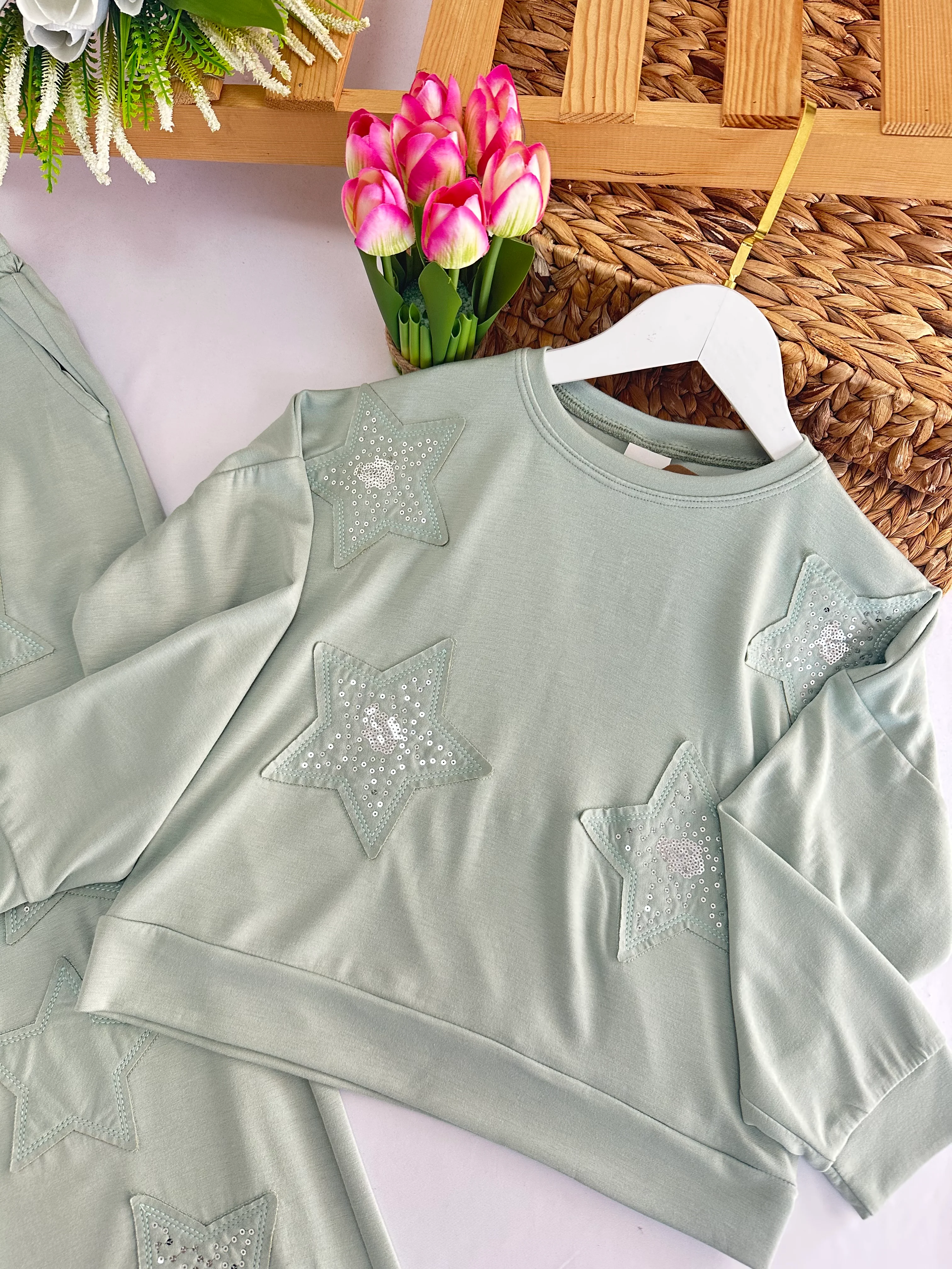 Kız Çocuk Yeşil Oysho Kumaş Yıldızlı Takım