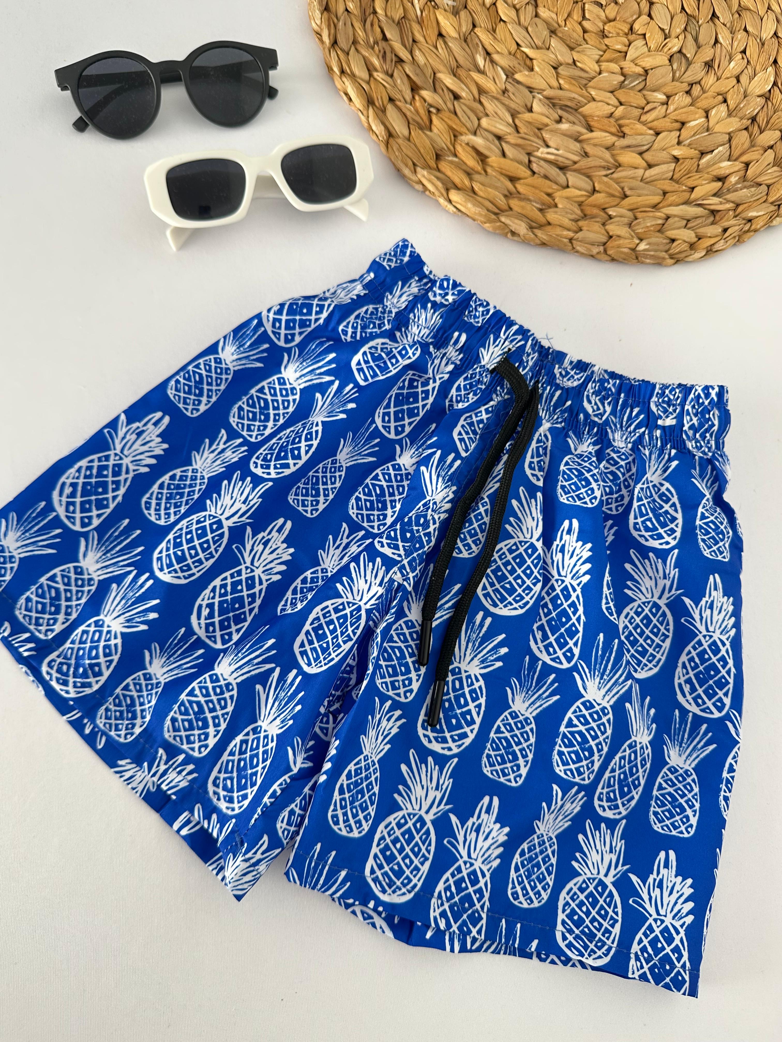 Erkek Çocuk Mavi Ananas Desenli Deniz Şortu