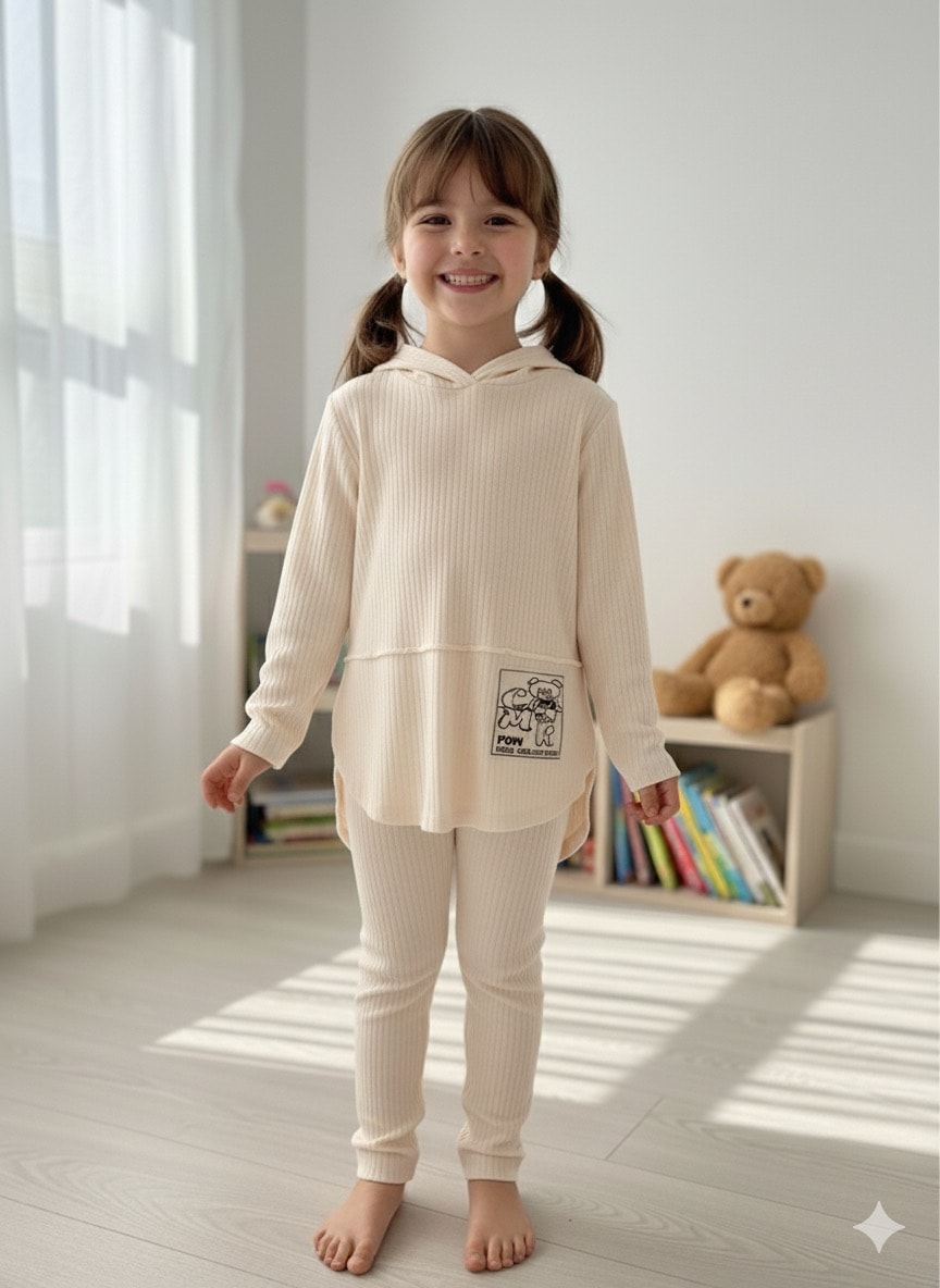 Kız Çocuk Ekru Fitilli Ayıcık Desenli Takım