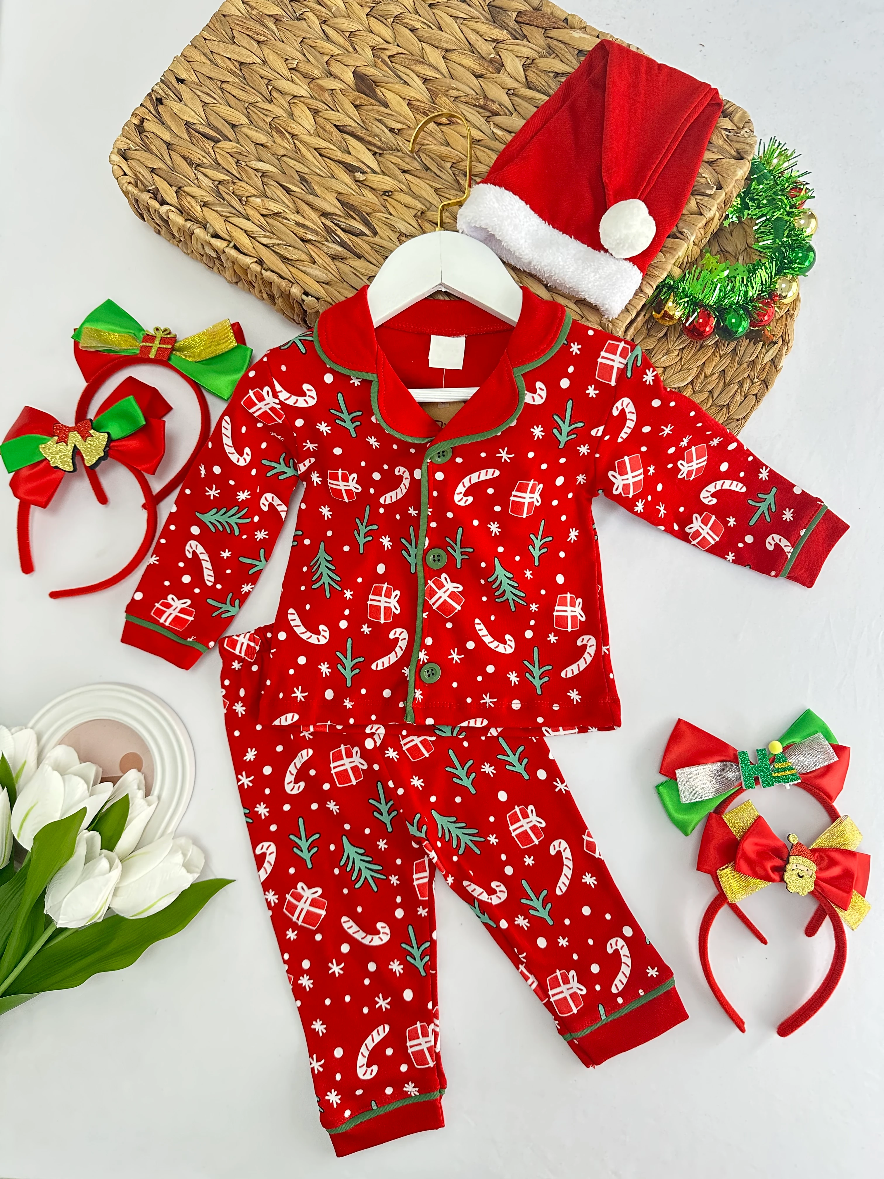 Bebek Kırmızı Yılbaşı Desenli Pijama Takımı