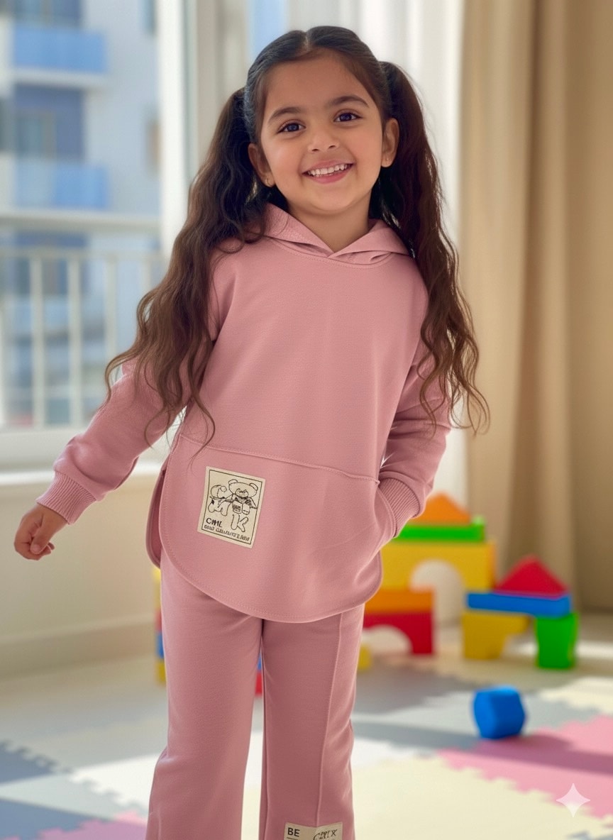 Kız Çocuk Pembe Ayıcık Desenli Takım