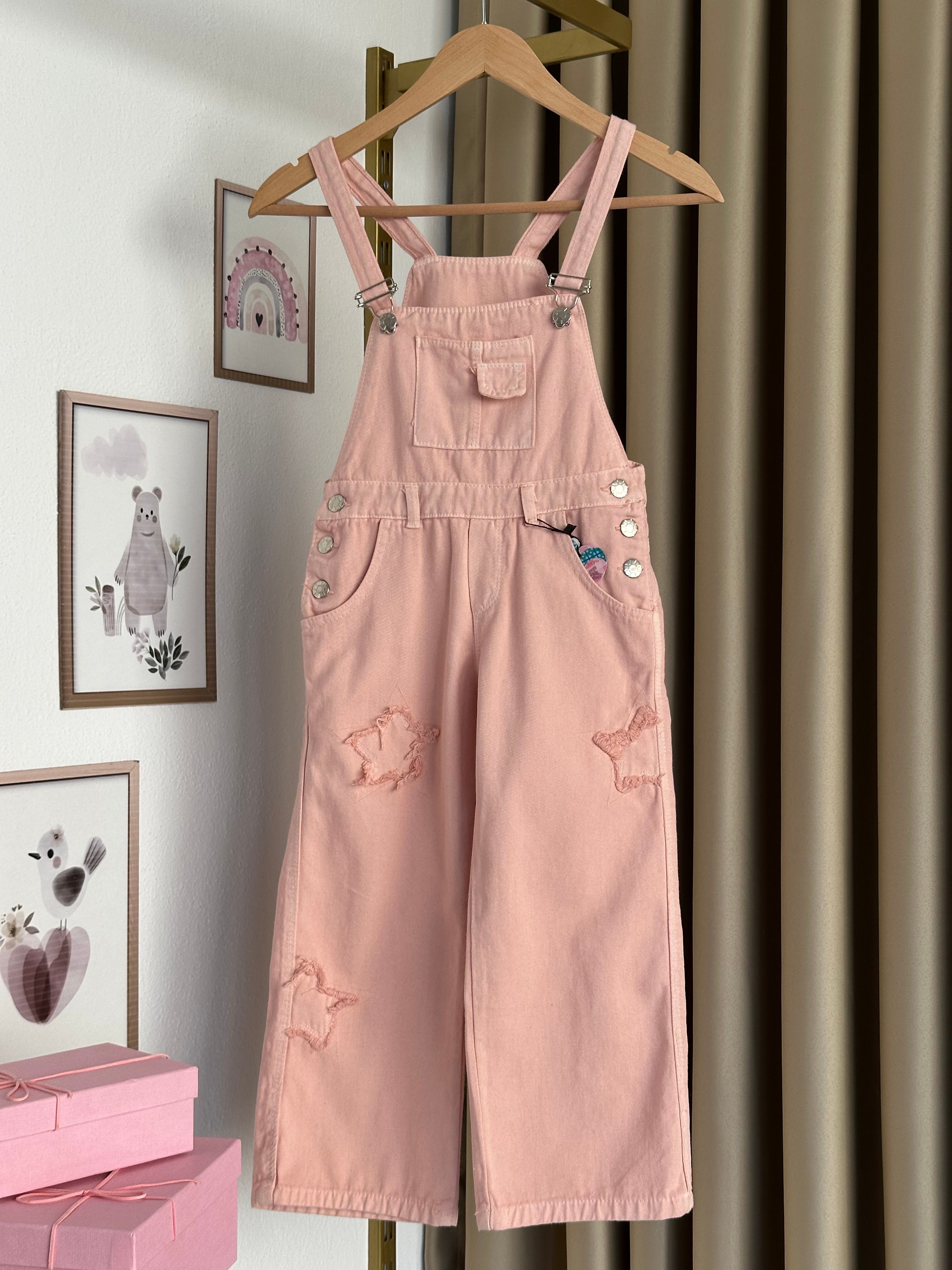 Kız Çocuk Pembe Yıldız Desenli Kot Salopet Tulum