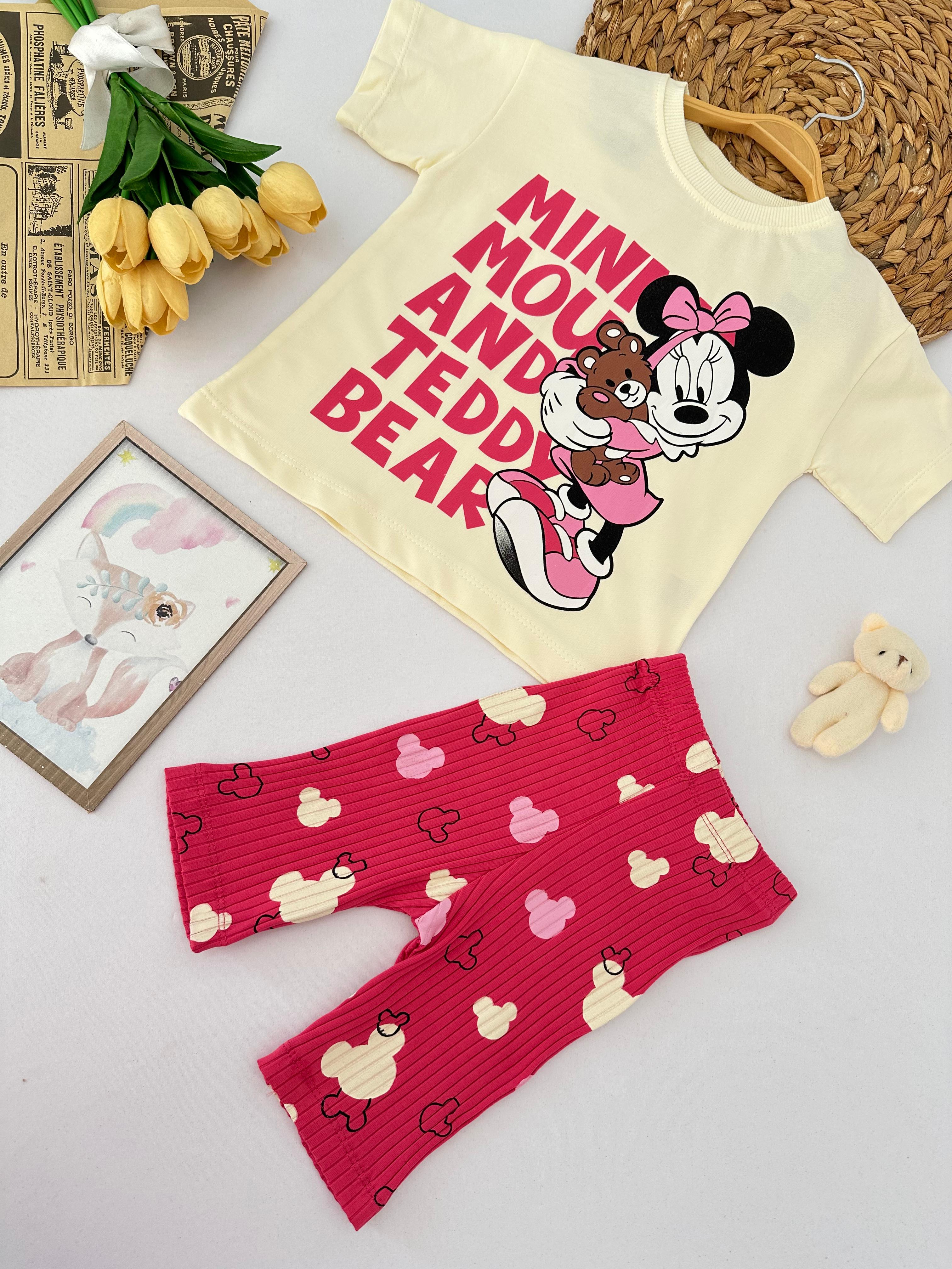 Kız Çocuk Fuşya Minnie Teddy Kapri Takım