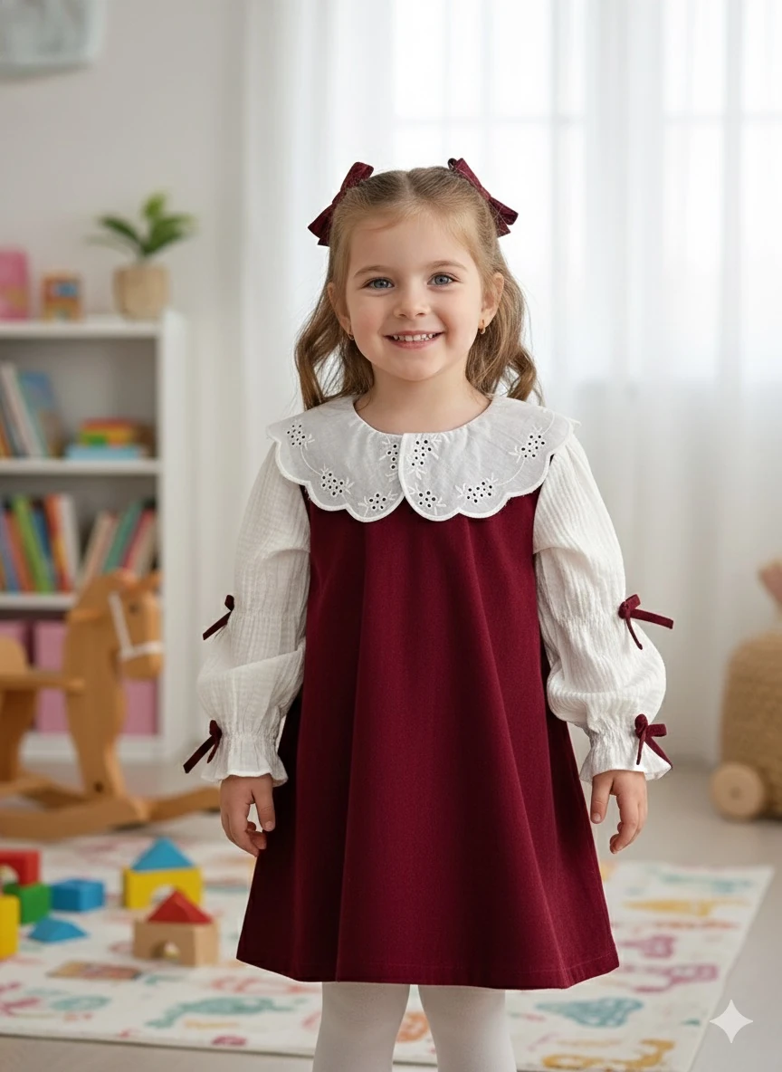 Kız Çocuk Bordo Bebe Yaka Kolları Fiyonk Süet Elbise