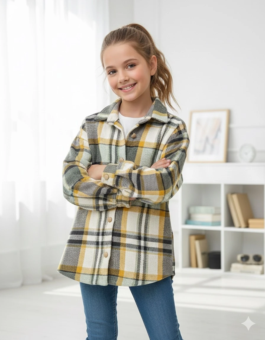 Kız Çocuk Gri Ekose Oduncu Gömlek