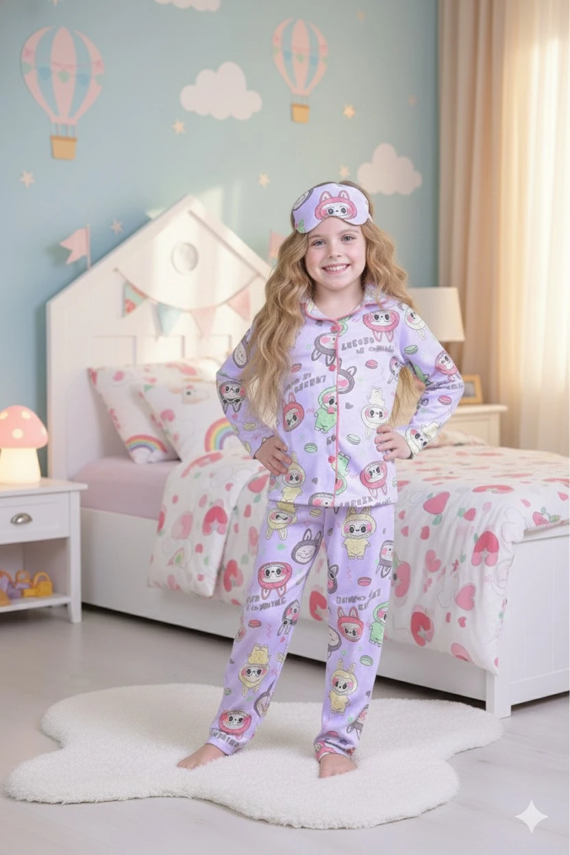 Kız Çocuk Mor Labubu Desenli Uyku Bandı Hediyeli Pijama Takımı
