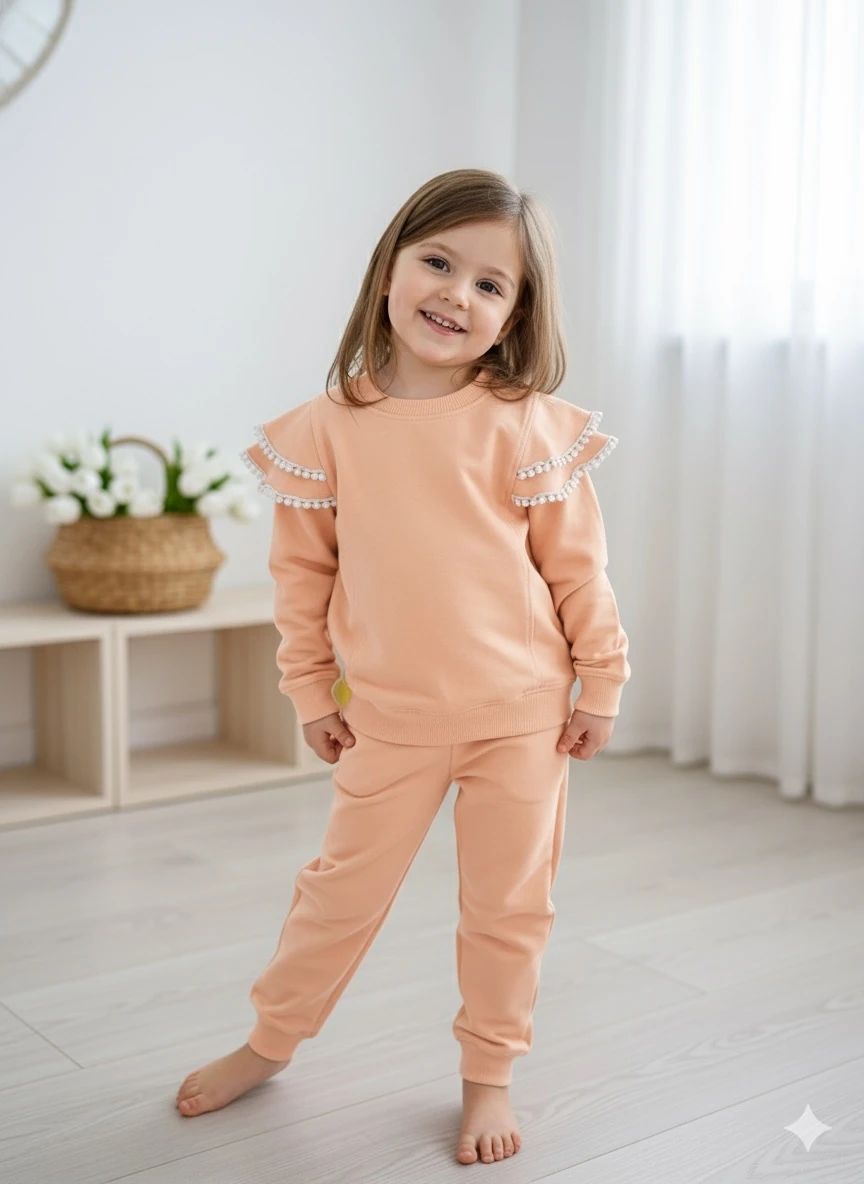 Kız Çocuk Somon Kolu Fırfırlı Alt-Üst Takım 