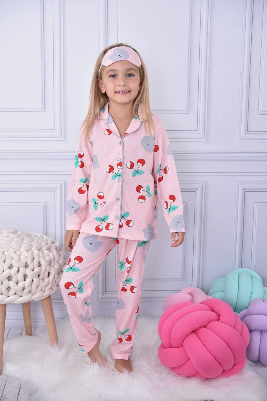 Kız Çocuk Uyku Bandı Hediyeli Kiraz Desenli Kedili Pijama Takımı