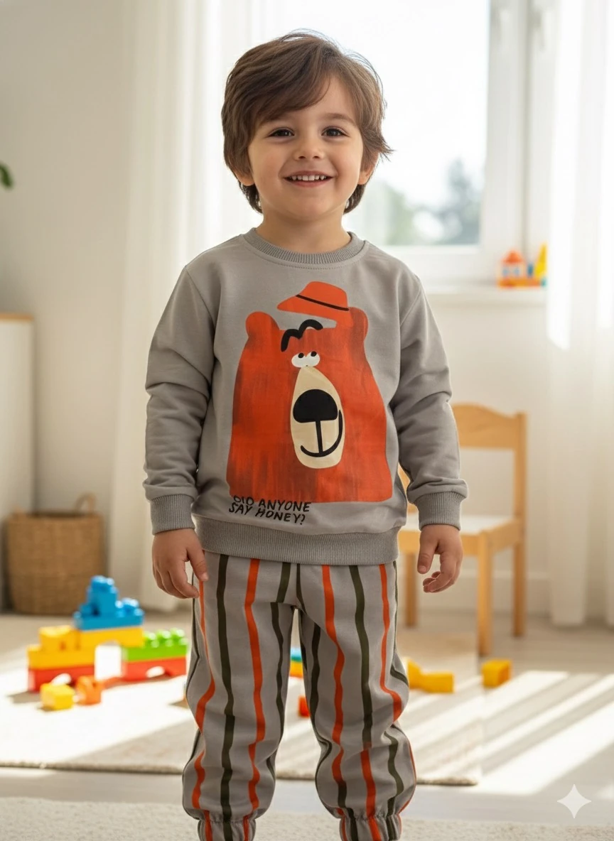 Erkek Çocuk Gri Ayıcık Çizgili Takım