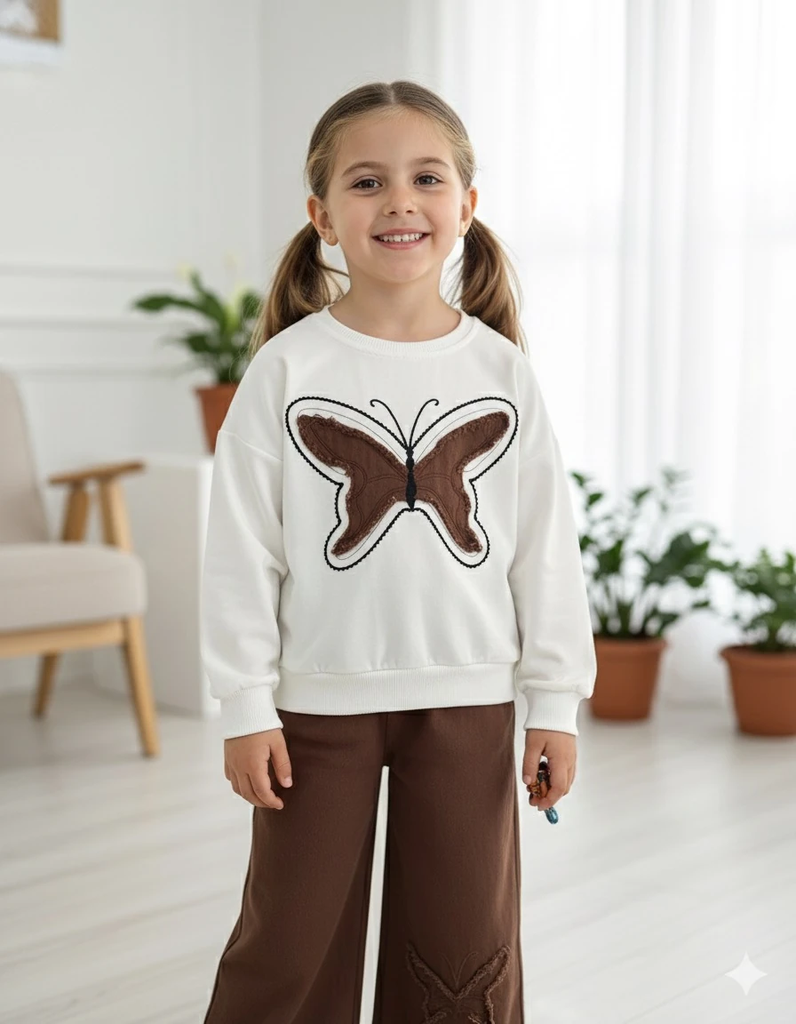 Kız Çocuk Kahverengi Kelebek Pantolonlu Takım