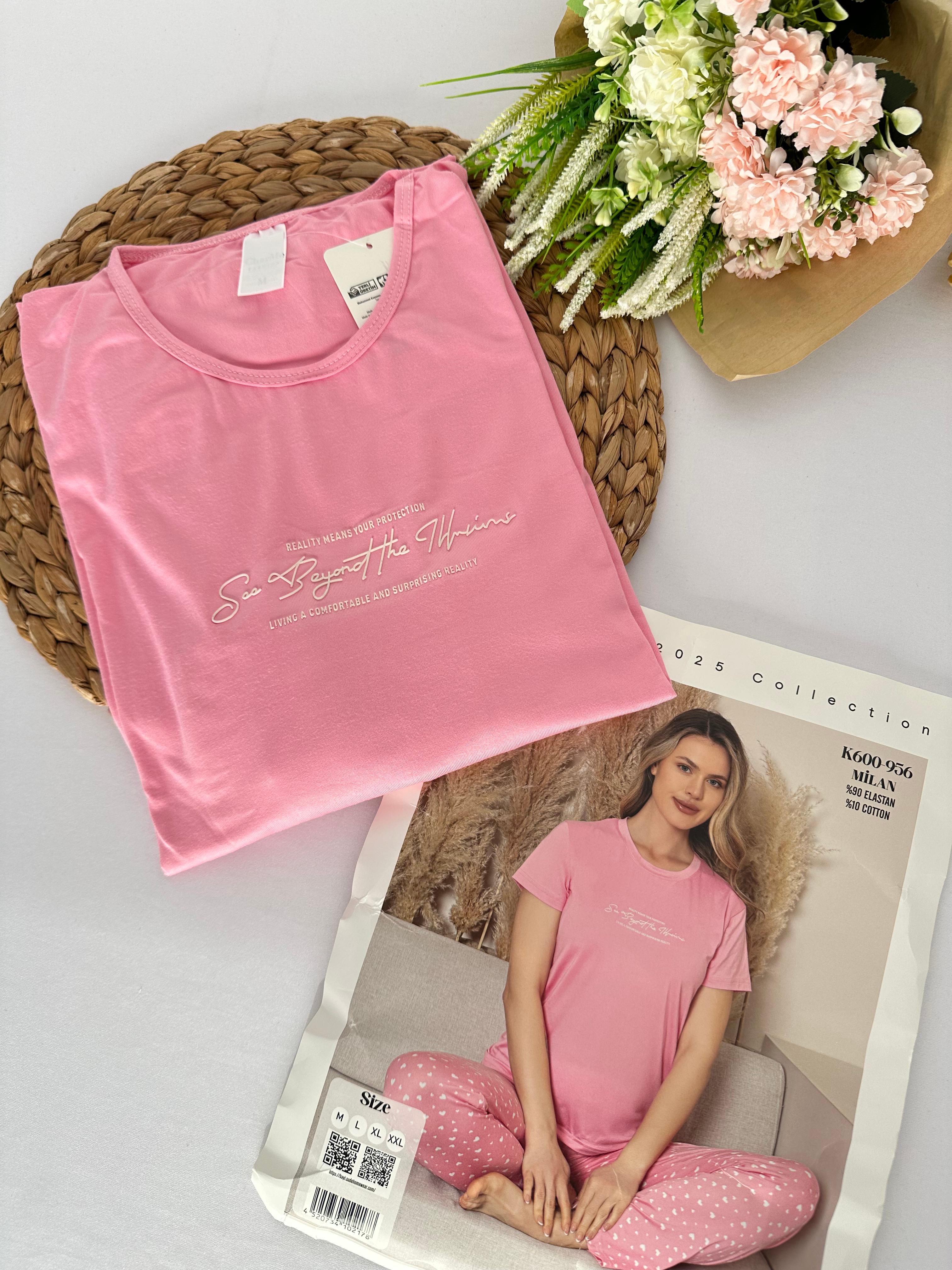 Pembe Kalpli Kadın Pijama Takımı