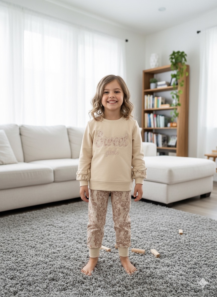 Kız Çocuk Bej Sweet Girl Desenli Takım