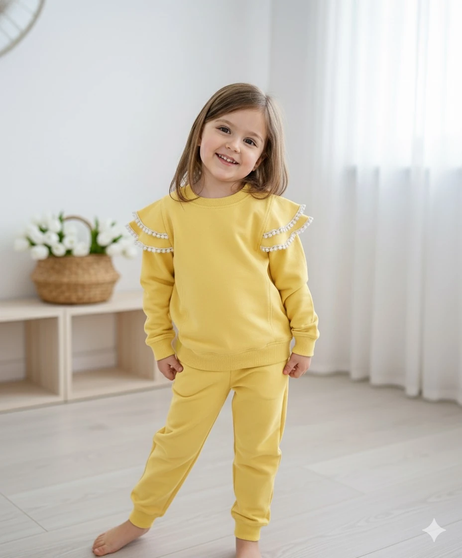 Kız Çocuk Sarı Kolu Fırfırlı Alt-Üst Takım 