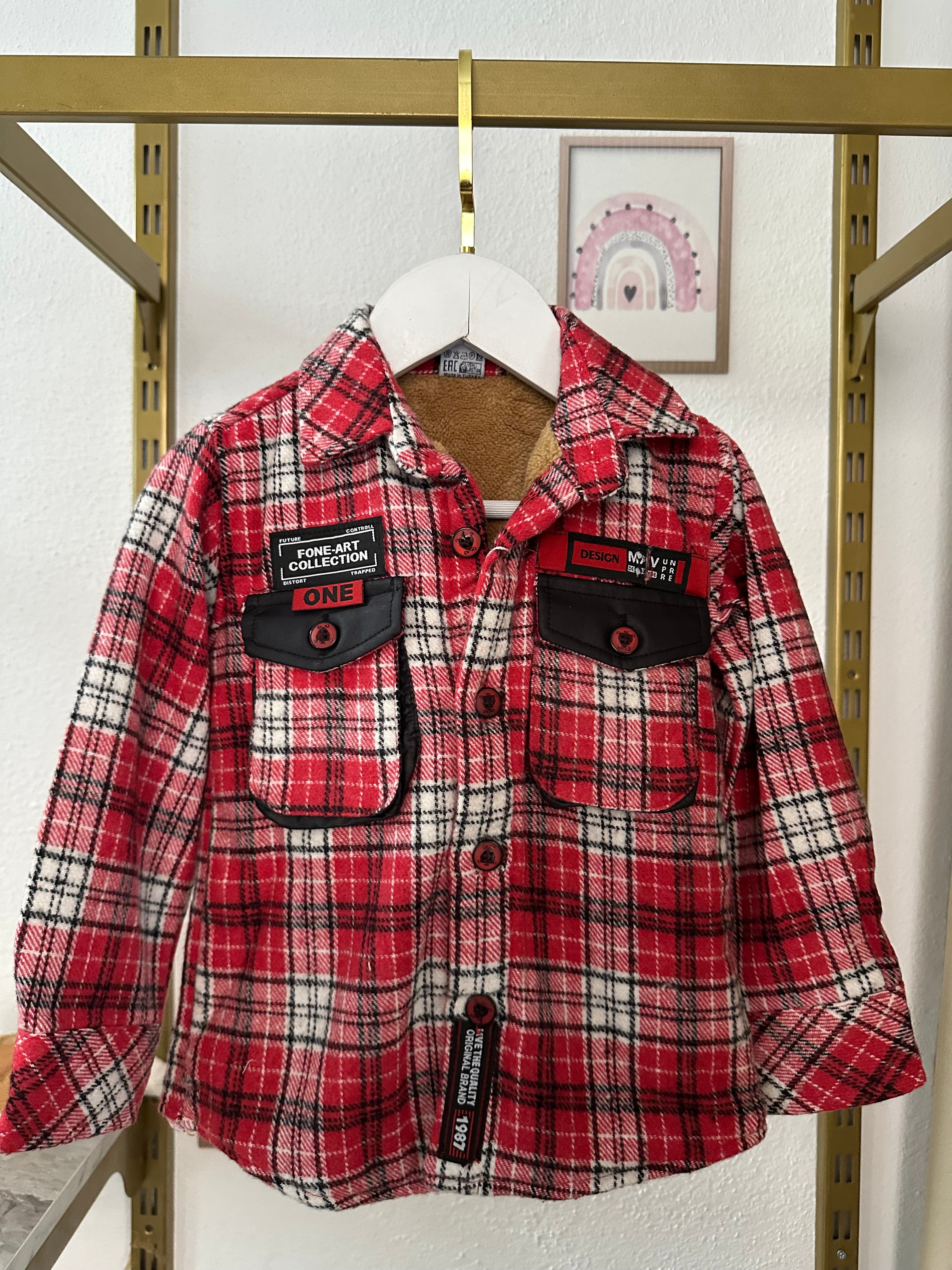 Erkek Çocuk Kırmızı Beyaz Ekose Desen İçi Peluş Gömlek