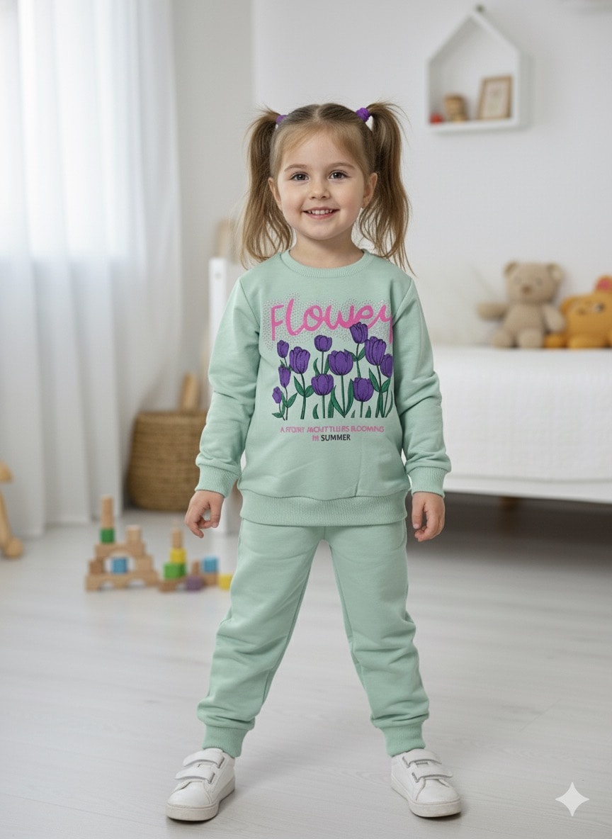 Kız Çocuk Mint Çiçekli Alt-Üst Takım