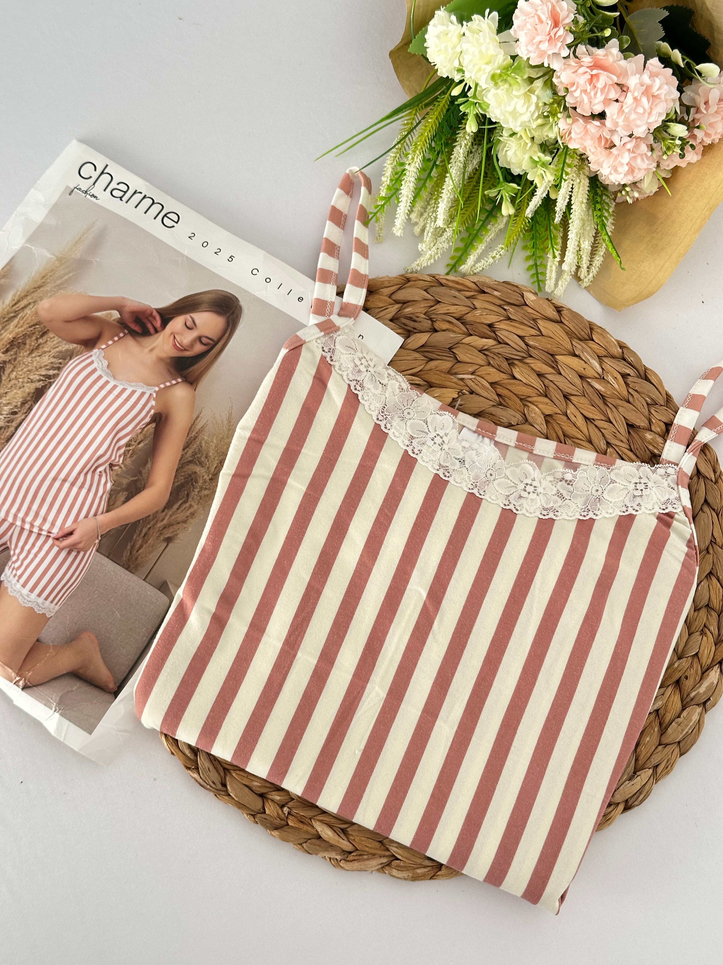 Pudra Krem Çizgili Kadın Pijama Takımı