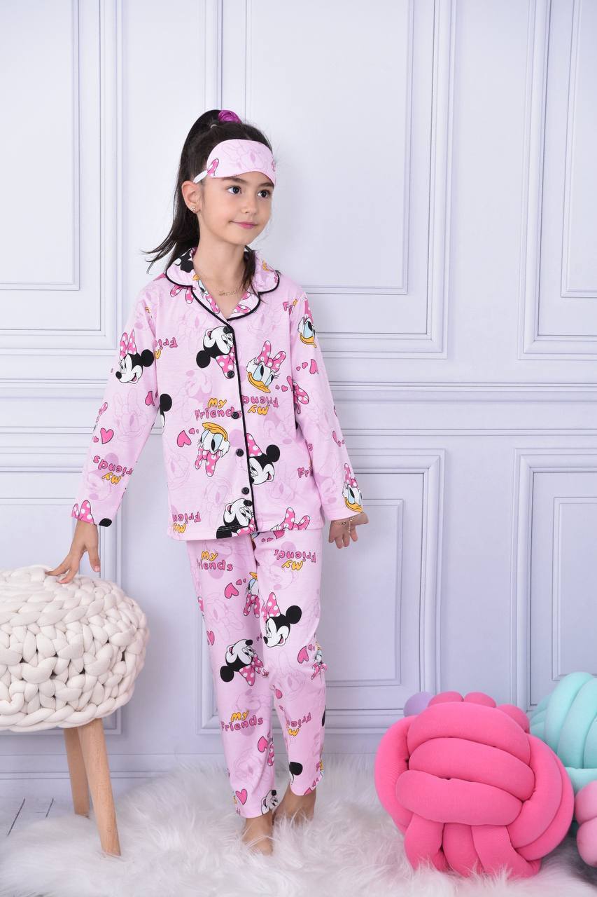 Kız Çocuk Pembe Minnie Daisy Uyku Bandı Hediyeli Pijama Takımı